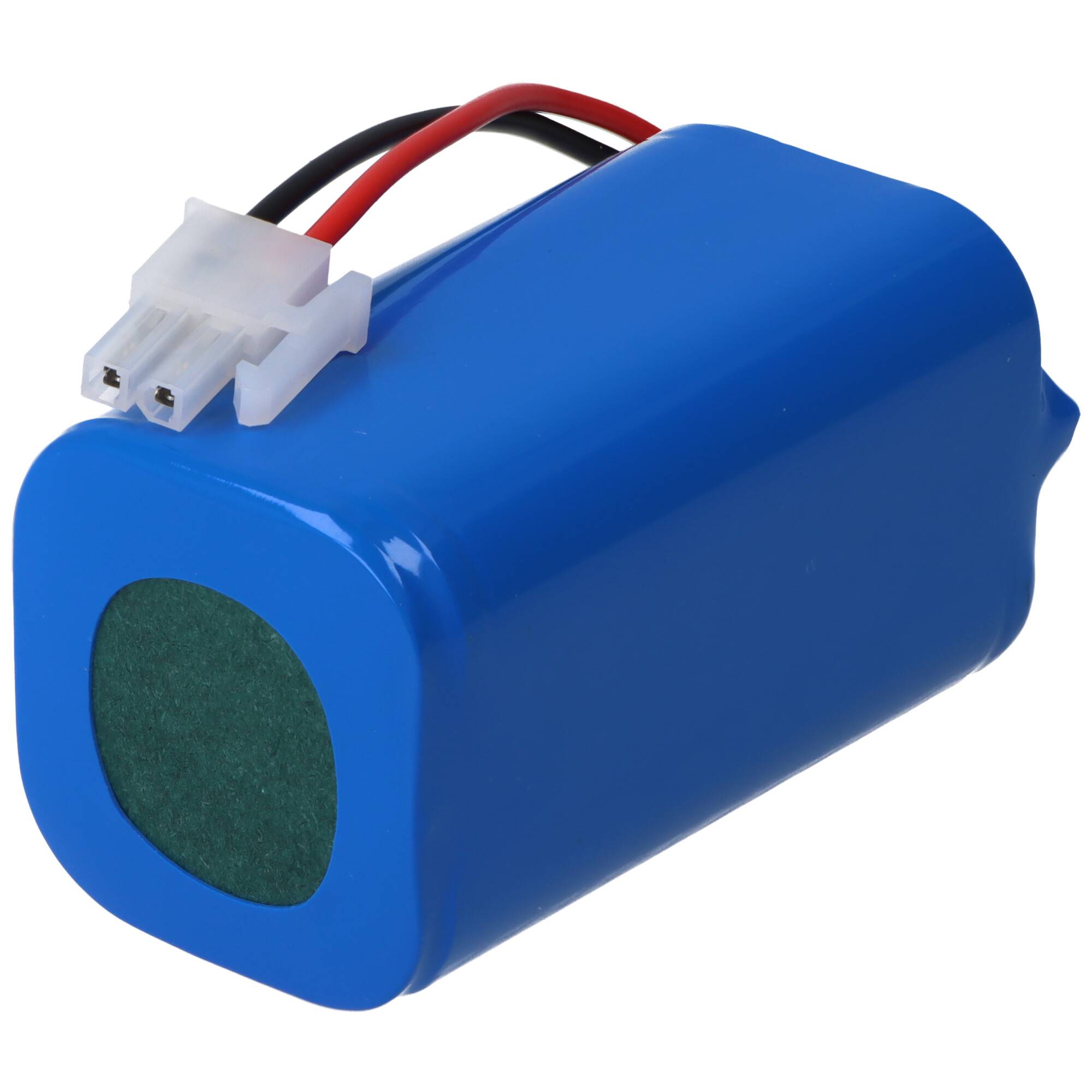 Ein blauer zylindrischer Batteriepack mit roten und schwarzen Kabeln, die an einen weißen Stecker angeschlossen sind.