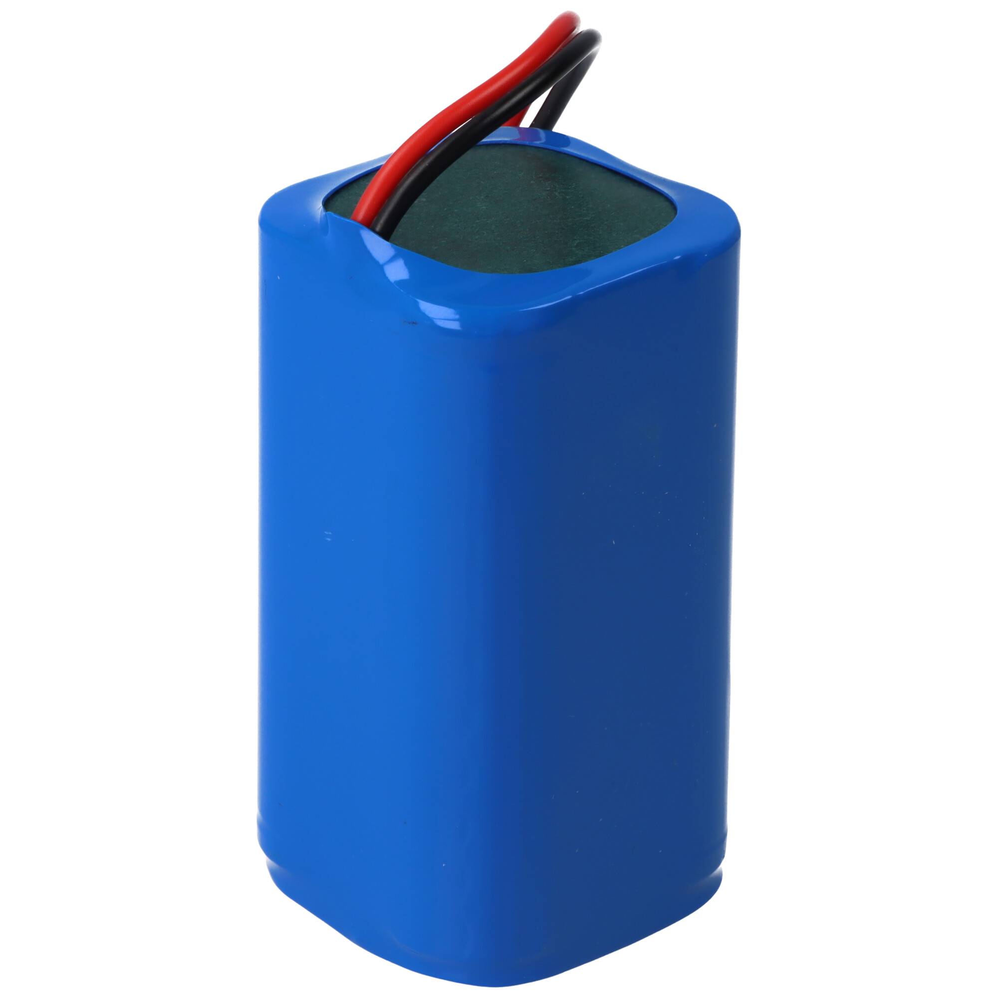 Eine blaue rechteckige Batterie mit zwei hervorstehenden Drähten, einem roten und einem schwarzen, die die positiven und negativen Anschlüsse kennzeichnen.