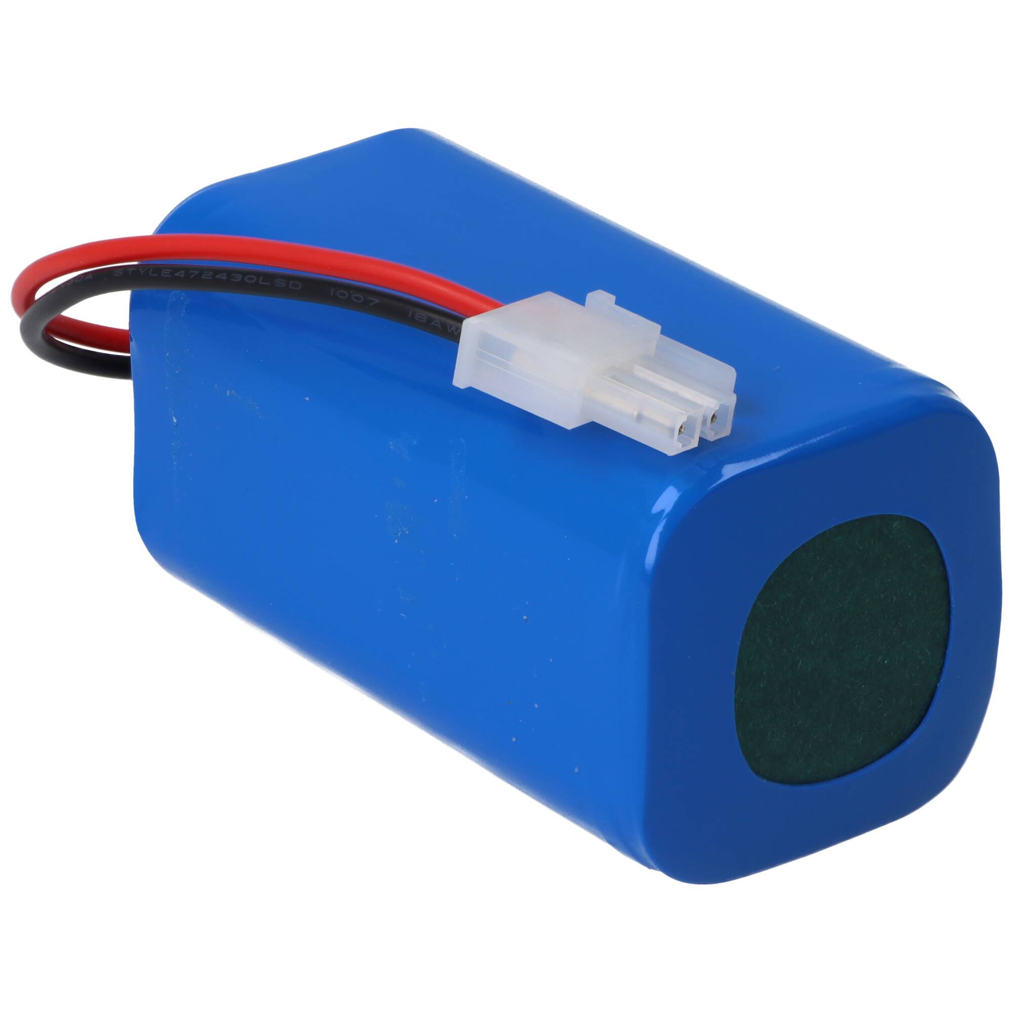 Ein blauer zylindrischer Batteriepack mit zwei Drähten, rot und schwarz, die an einem Ende herausragen und mit einem kleinen weißen Stecker verbunden sind.