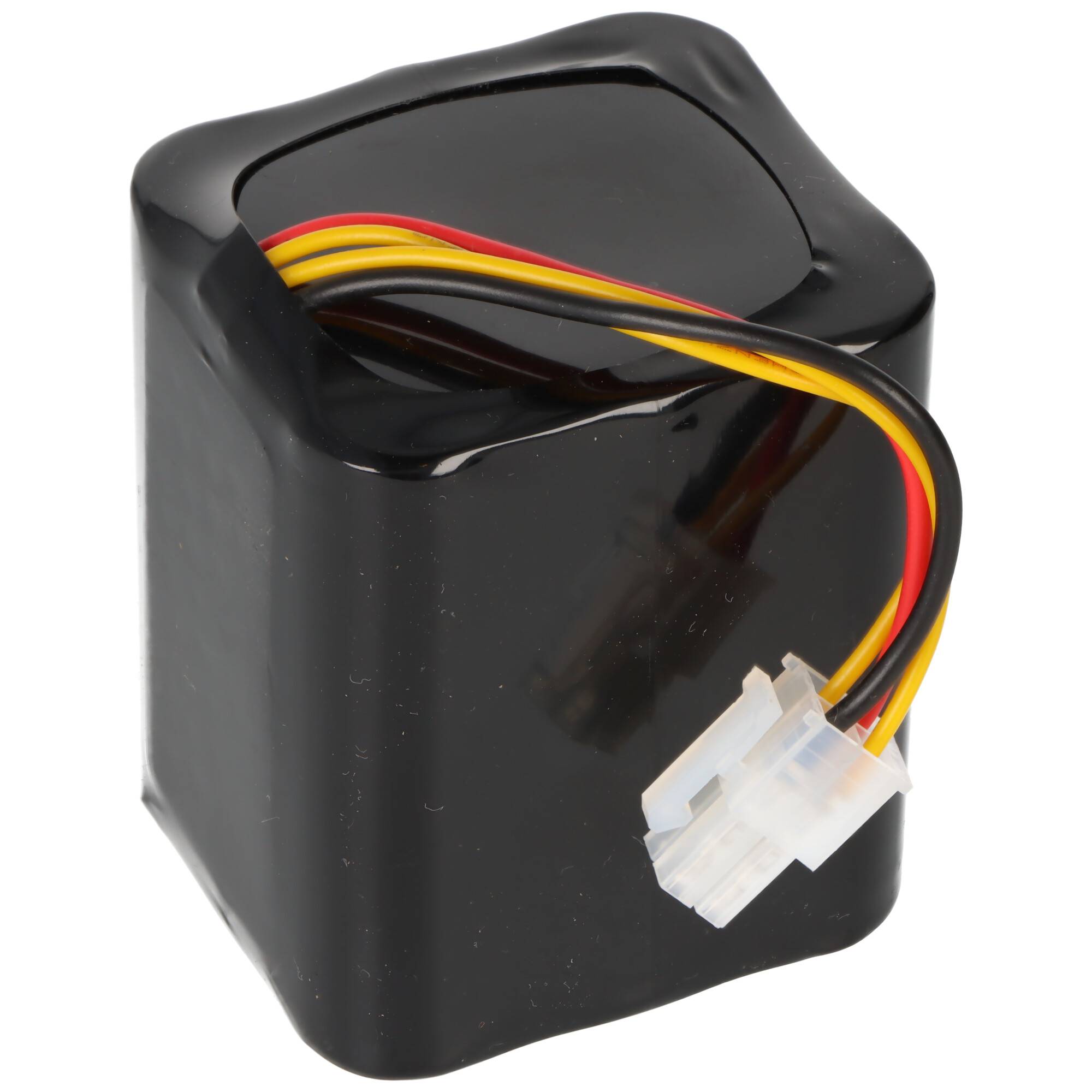 Eine schwarze, rechteckige wiederaufladbare Batterie mit gelben und roten Drähten, die zu einem weißen Stecker führen, zum Betrieb elektronischer Geräte.