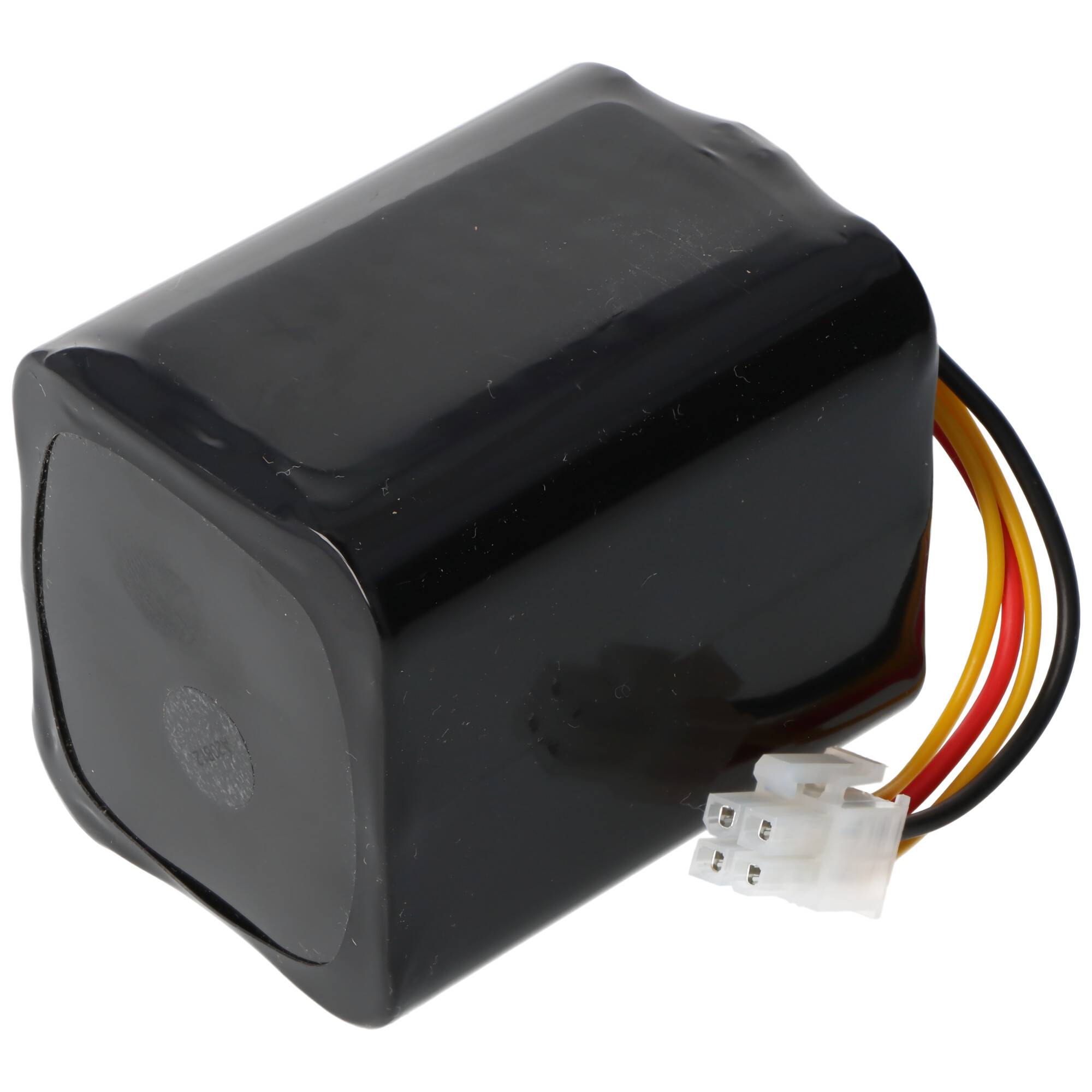 Eine schwarze rechteckige Batterie mit einem dreipoligen Stecker und roten, schwarzen und gelben Drähten, die von einer Seite herausführen.