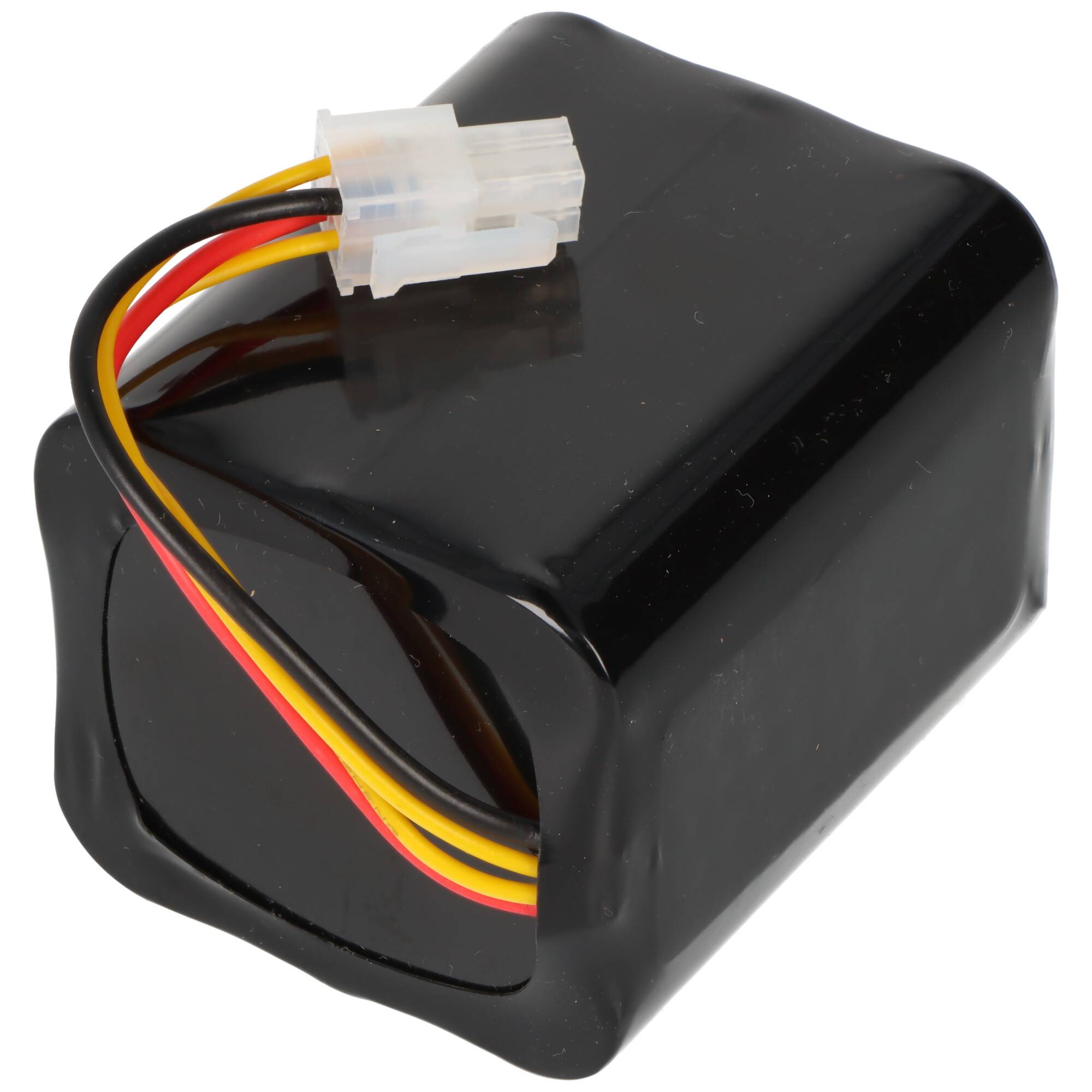Ein schwarzes Batteriepaket mit roten, gelben und schwarzen Drähten, die mit einem weißen Stecker oben verbunden sind.