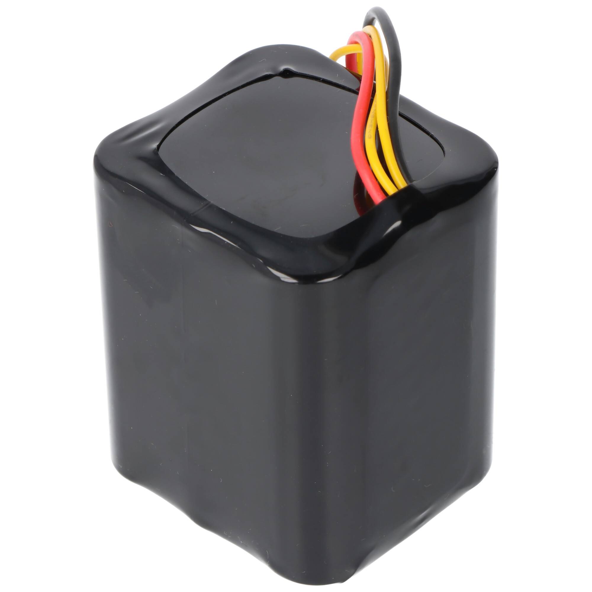 Ein schwarzes, rechteckiges Batteriemodul mit drei herausstehenden Drähten: rot, gelb und schwarz, die positive, Signal- und negative Verbindungen anzeigen.