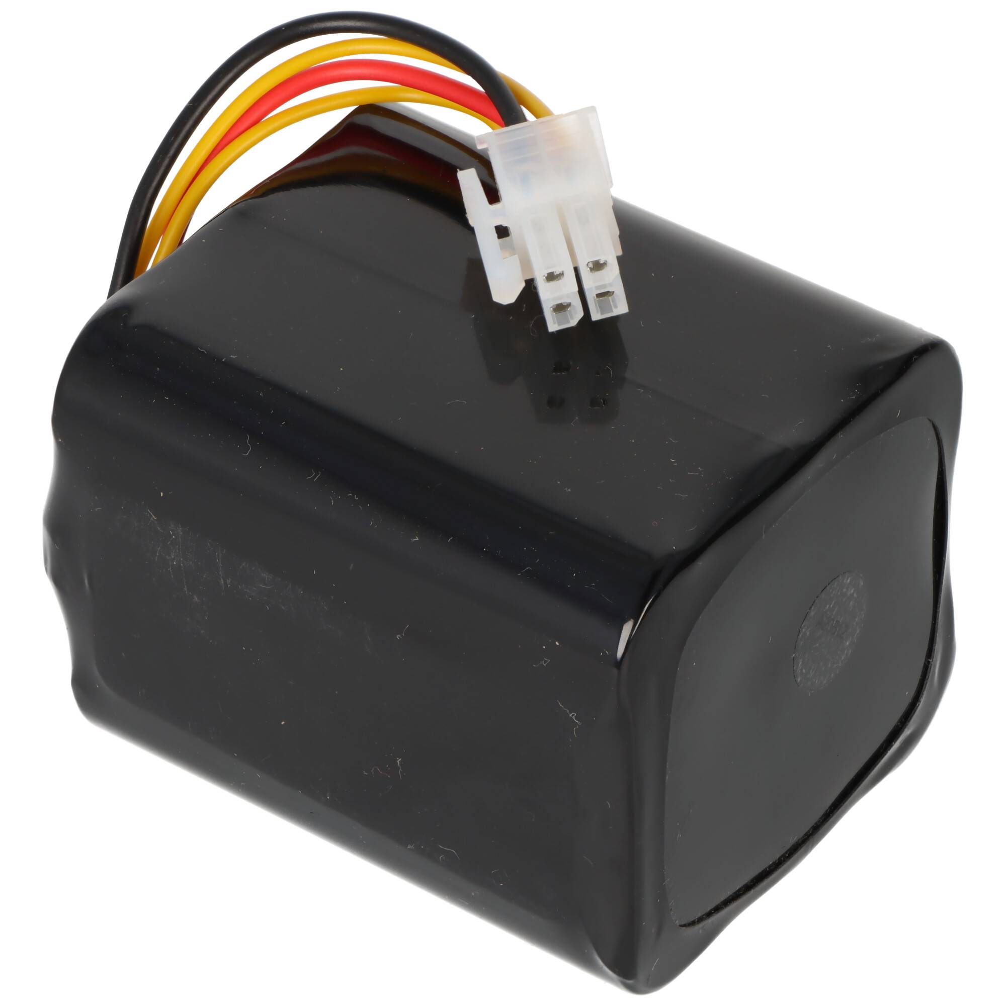Batteriepack mit schwarzem Gehäuse, mit drei farbigen Drähten (gelb, rot, schwarz), die mit einem weißen Steckverbinder verbunden sind.