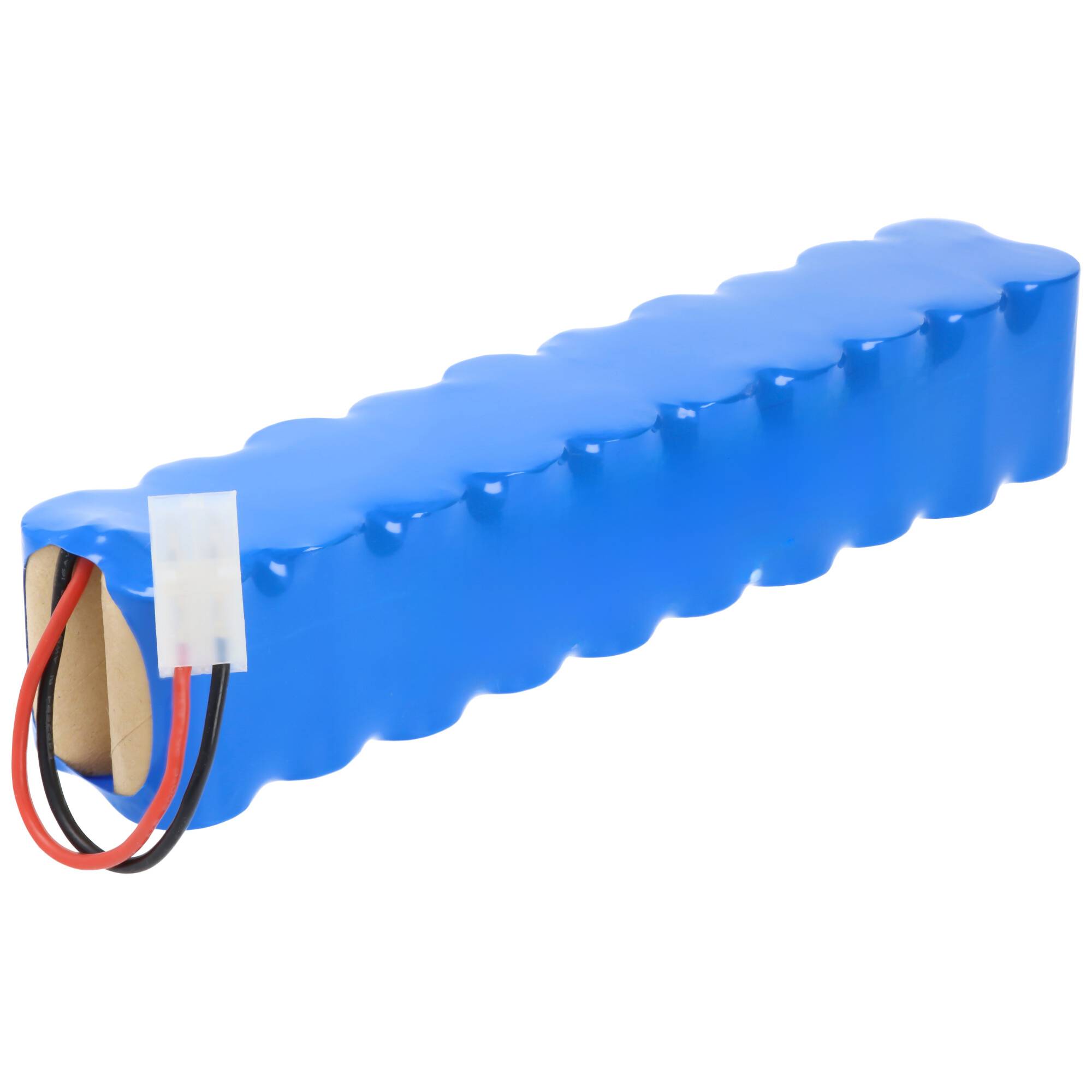 Ein blauer, rechteckiger Akkupack mit sichtbaren roten und schwarzen Kabeln und einem weißen Stecker, wahrscheinlich für Elektronik oder Spielzeug verwendet.