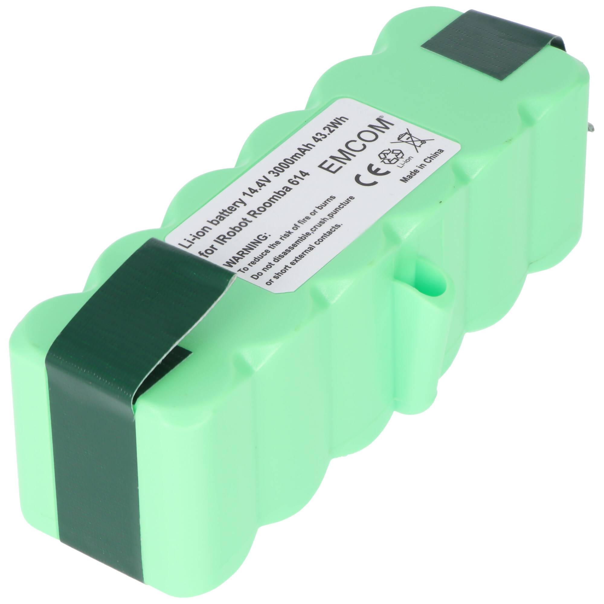 Ein grünes wiederaufladbares Batteriepaket mit einer Kennzeichnung, die „Li-Ion-Batterie 14,4 V 3000 mAh 43,2 Wh für Robotic Rooms 5.4