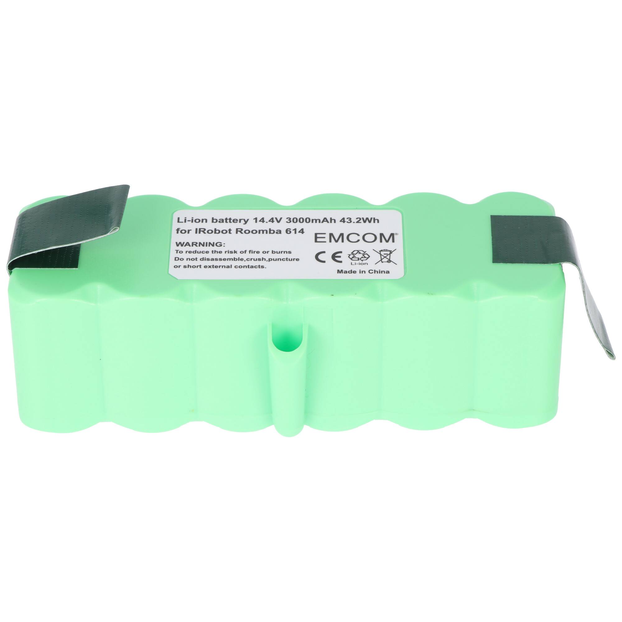 Grüne Lithium-Ionen-Batterie mit der Aufschrift „Li-Ion-Batterie 14,4V 3000mAh 43,2Wh für iRobot Roomba 614