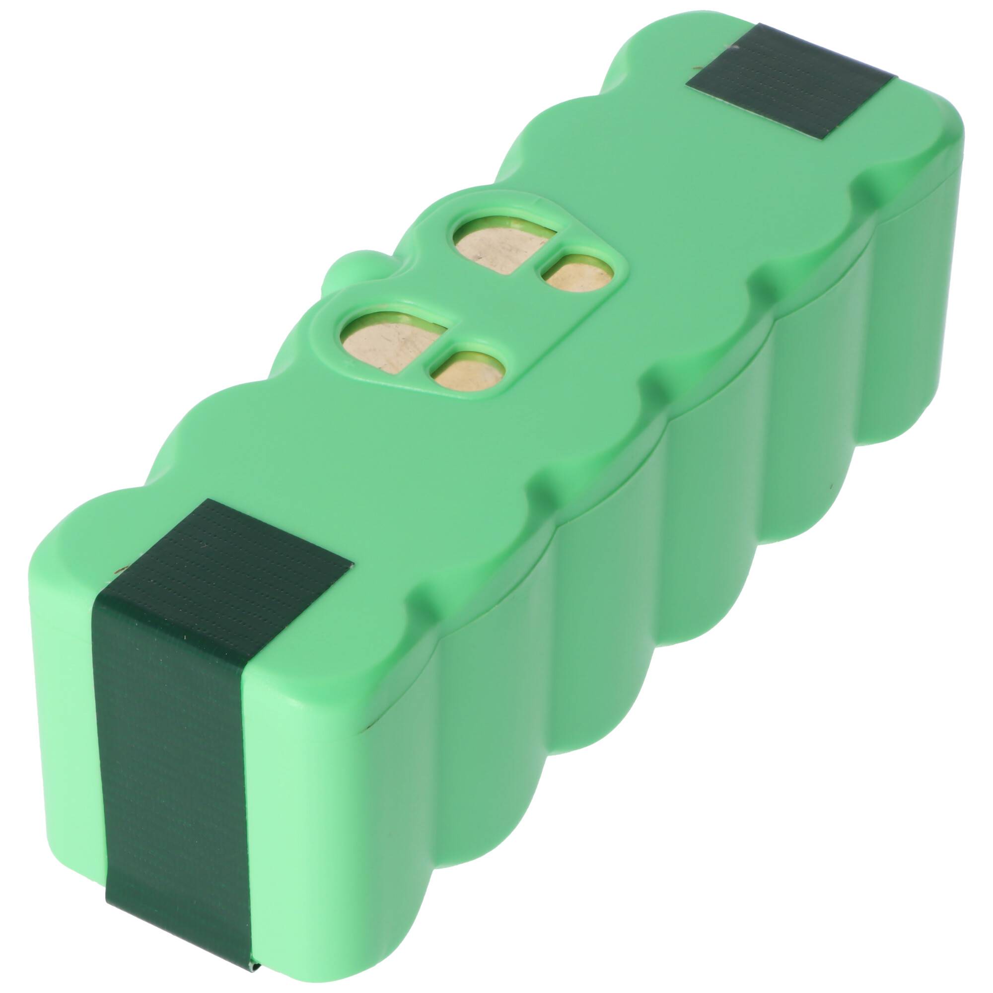 Ein grünes Batteriepakete mit schwarzen Endkappen und elektrischen Anschlüssen oben, geformt wie eine Reihe verbundener zylindrischer Zellen.