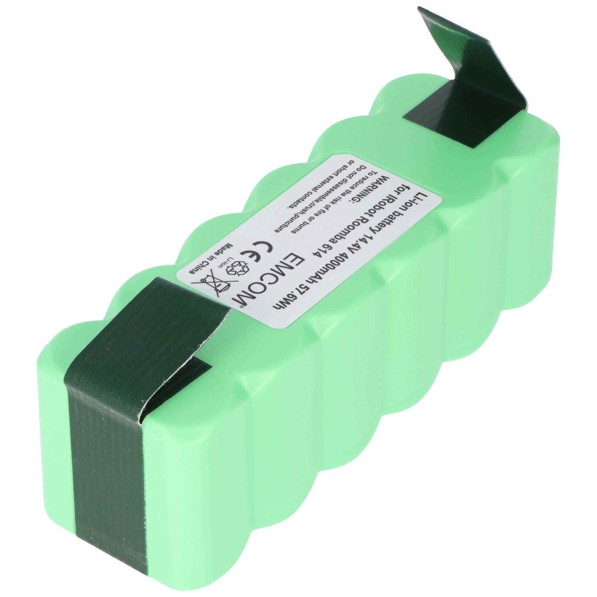 Grünes wiederaufladbares Batteriepaket mit sieben zylindrischen Zellen, schwarzem Klebeband und einem weißen Etikett mit Spezifikationen und Sicherheitssymbolen.