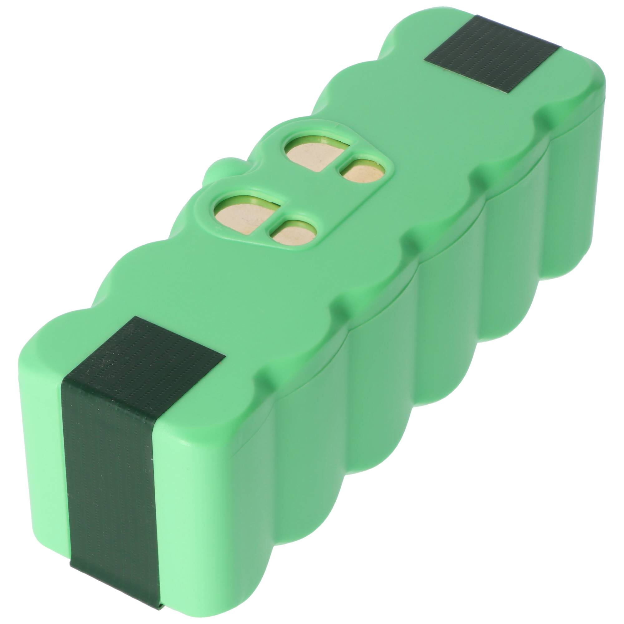 Ein rechteckiger, grüner Batteriepack mit gewellten Seitenkanten und zwei goldenen Anschlüssen auf der Oberseite, verwendet für elektronische Geräte.