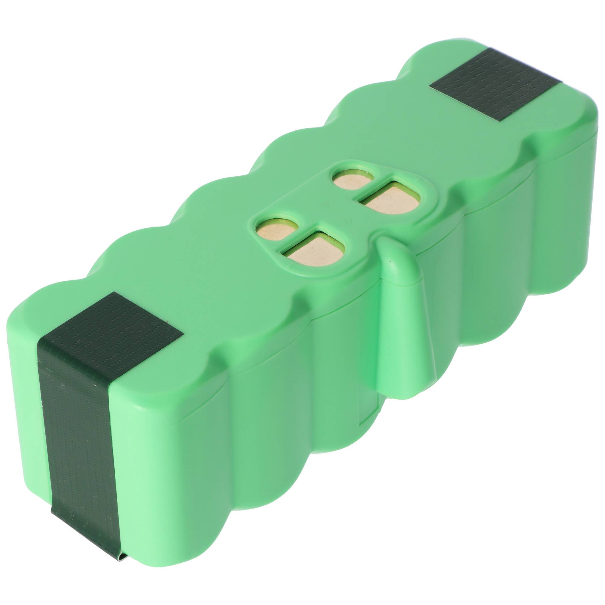 Grüner Batteriepack mit zwei Metallkontakten oben und schwarzen Bändern an der Seite.