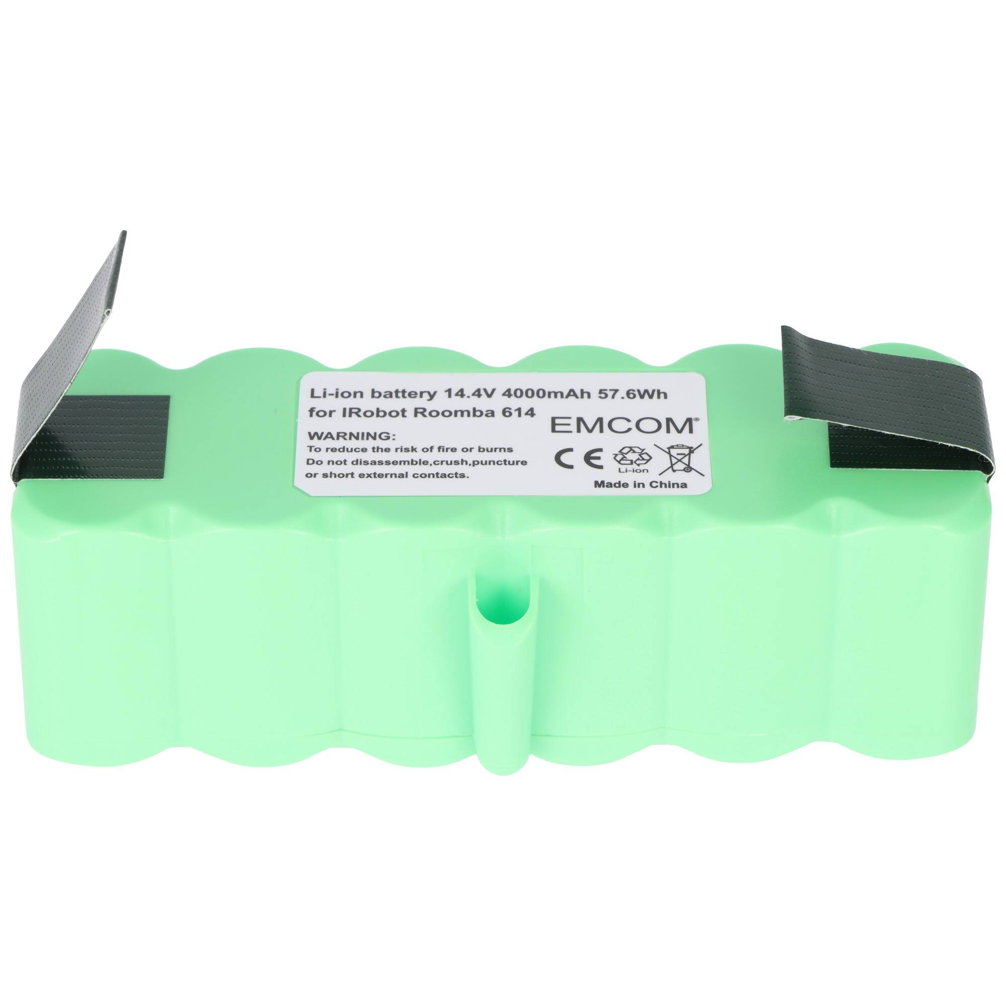 Grüner aufladbarer Akku mit der Bezeichnung „Li-Ionen-Akku 14,4 V 4000 mAh 57,6 Wh für iRobot Roomba 614