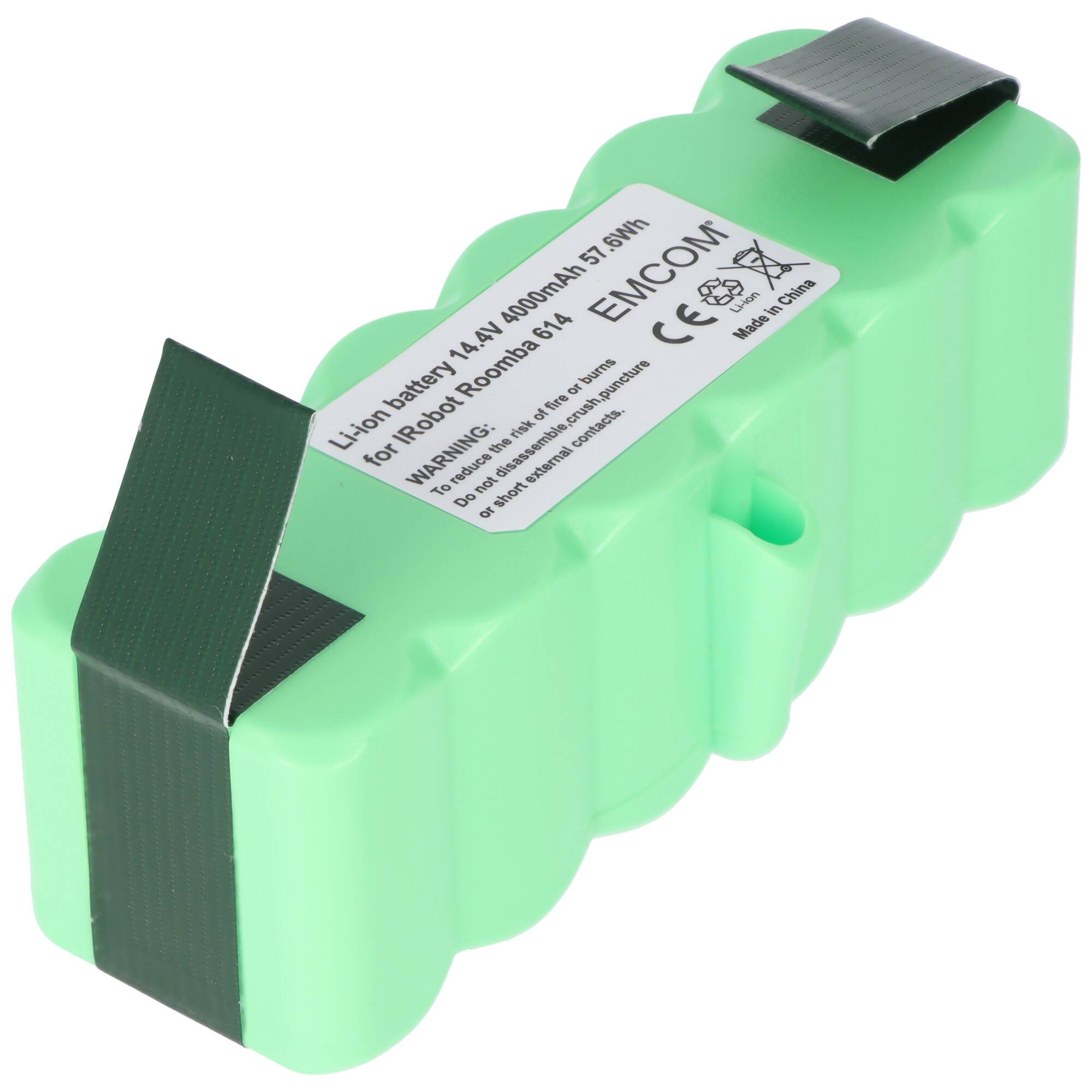 Eine grüne Lithium-Ionen-Batterie mit der Bezeichnung „Li-Ion-Batterie 14,4V 4500mAh 57,6Wh für iRobot Roomba 6Ah