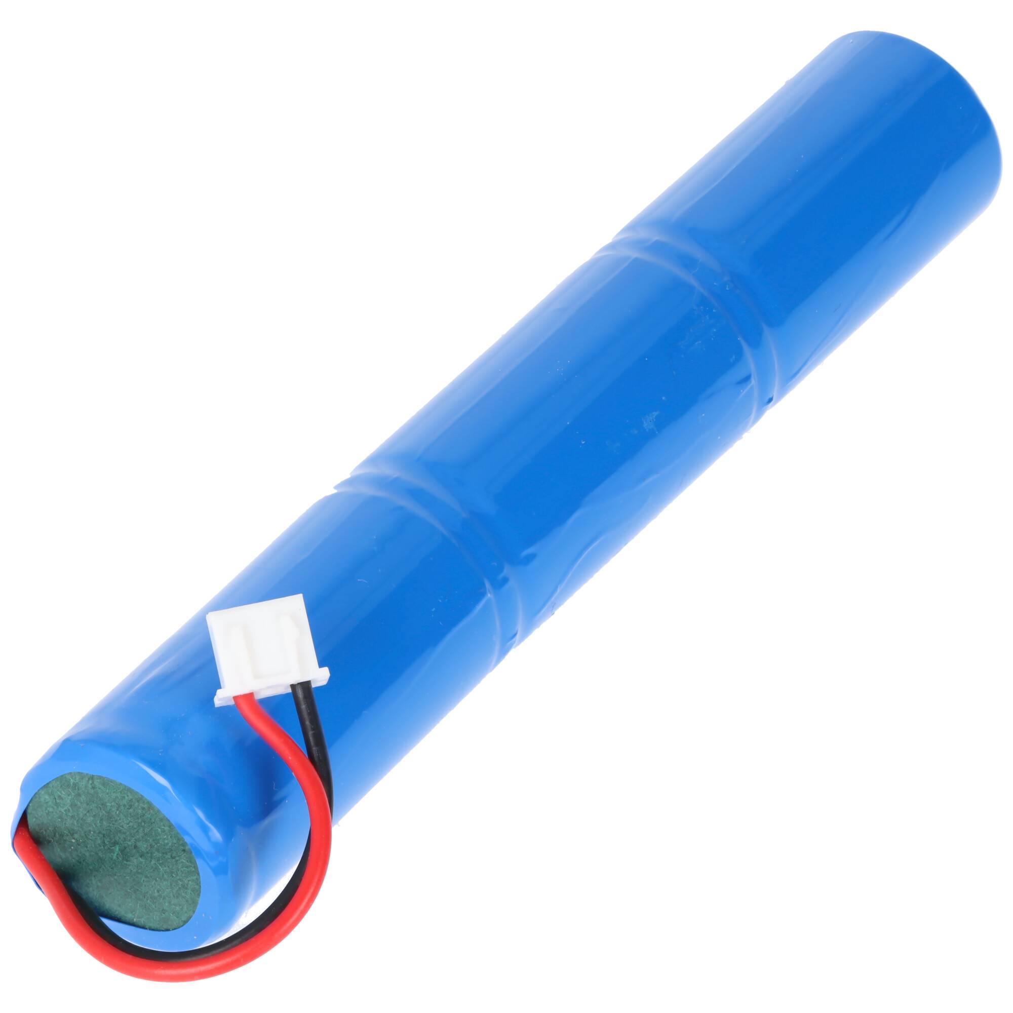 Ein blauer zylindrischer Batteriepack mit einem roten und schwarzen Draht und einem weißen Stecker.