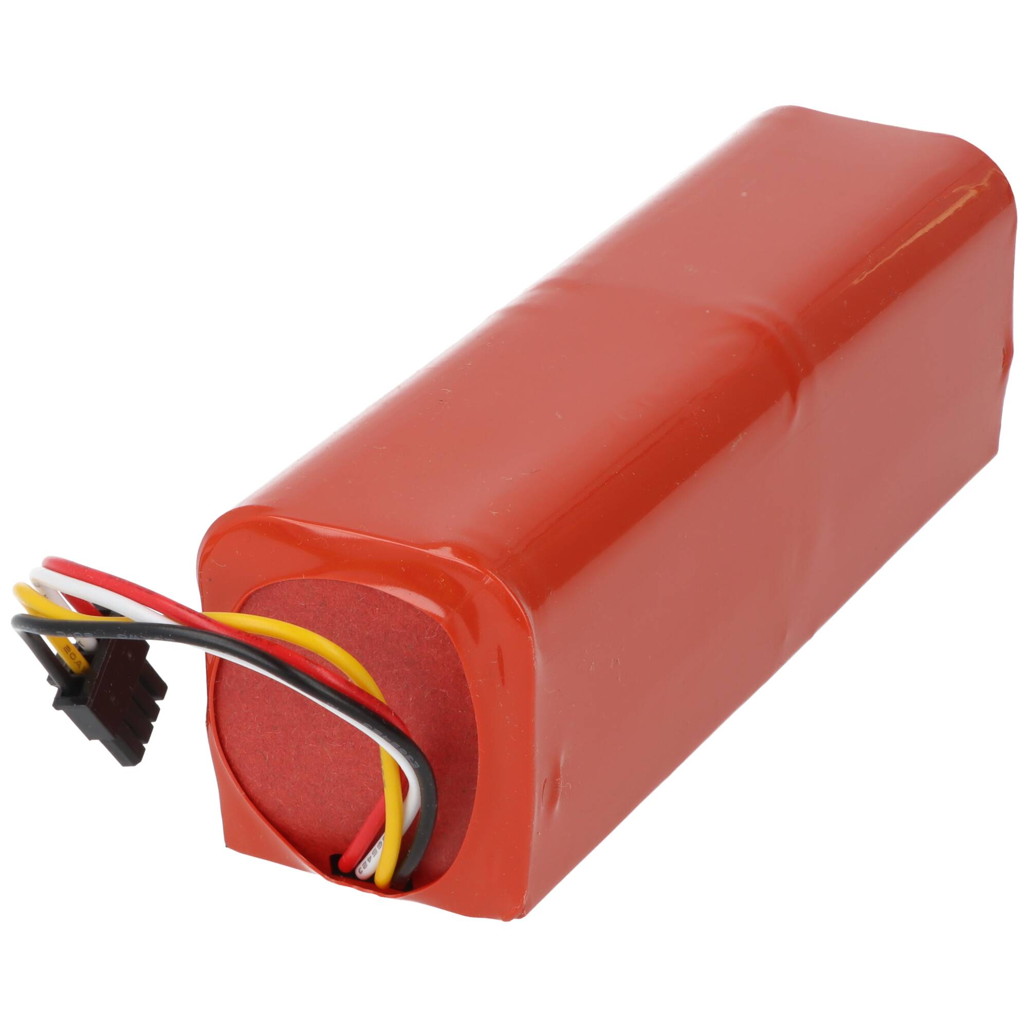 Ein roter zylindrischer Batteriepack mit Drähten und einem Anschluss, der aus einem Ende herausragt, wird zum Stromversorgen von elektronischen Geräten verwendet.