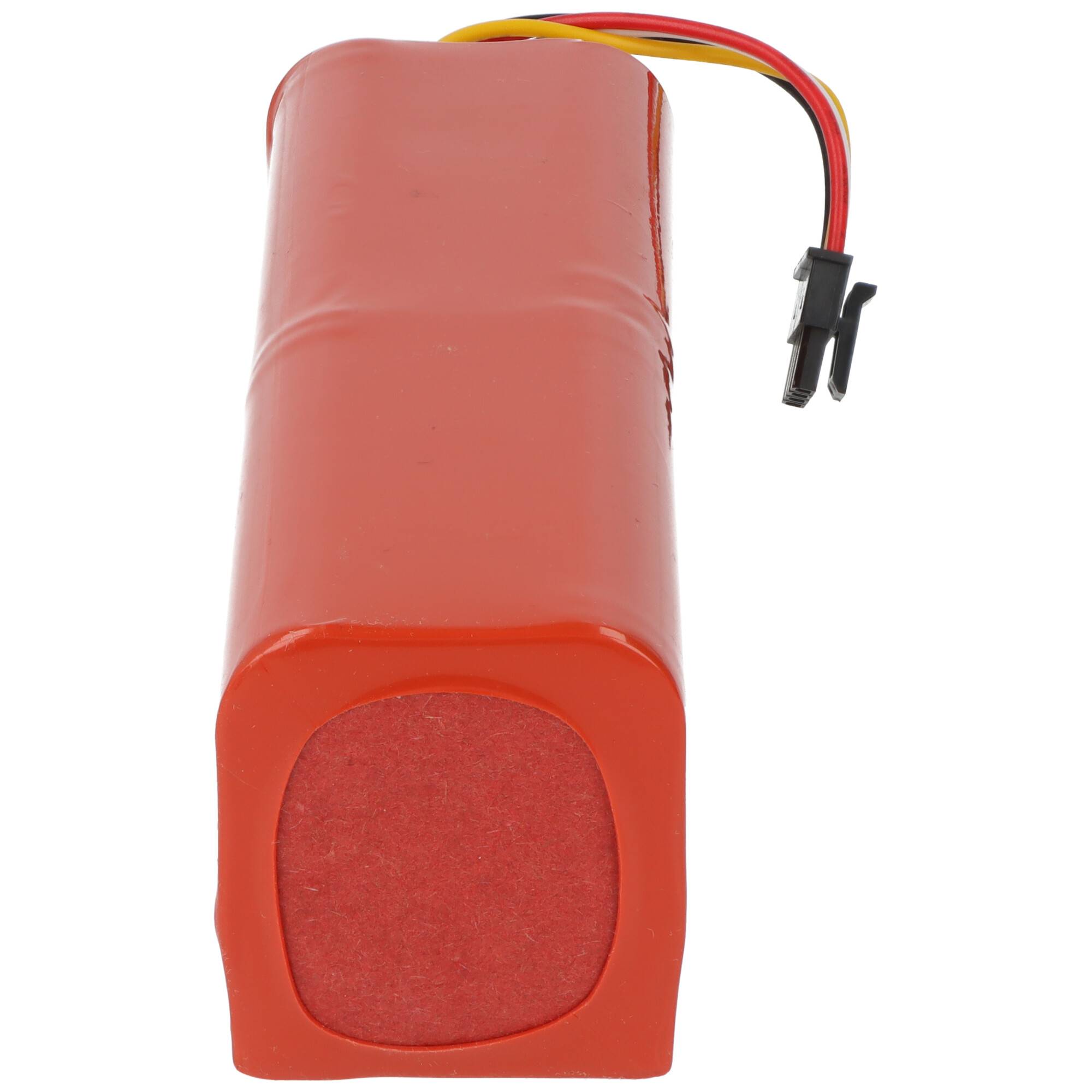 Ein blauer zylindrischer Batteriepacks mit roten und schwarzen Kabeln und einem weißen Stecker.