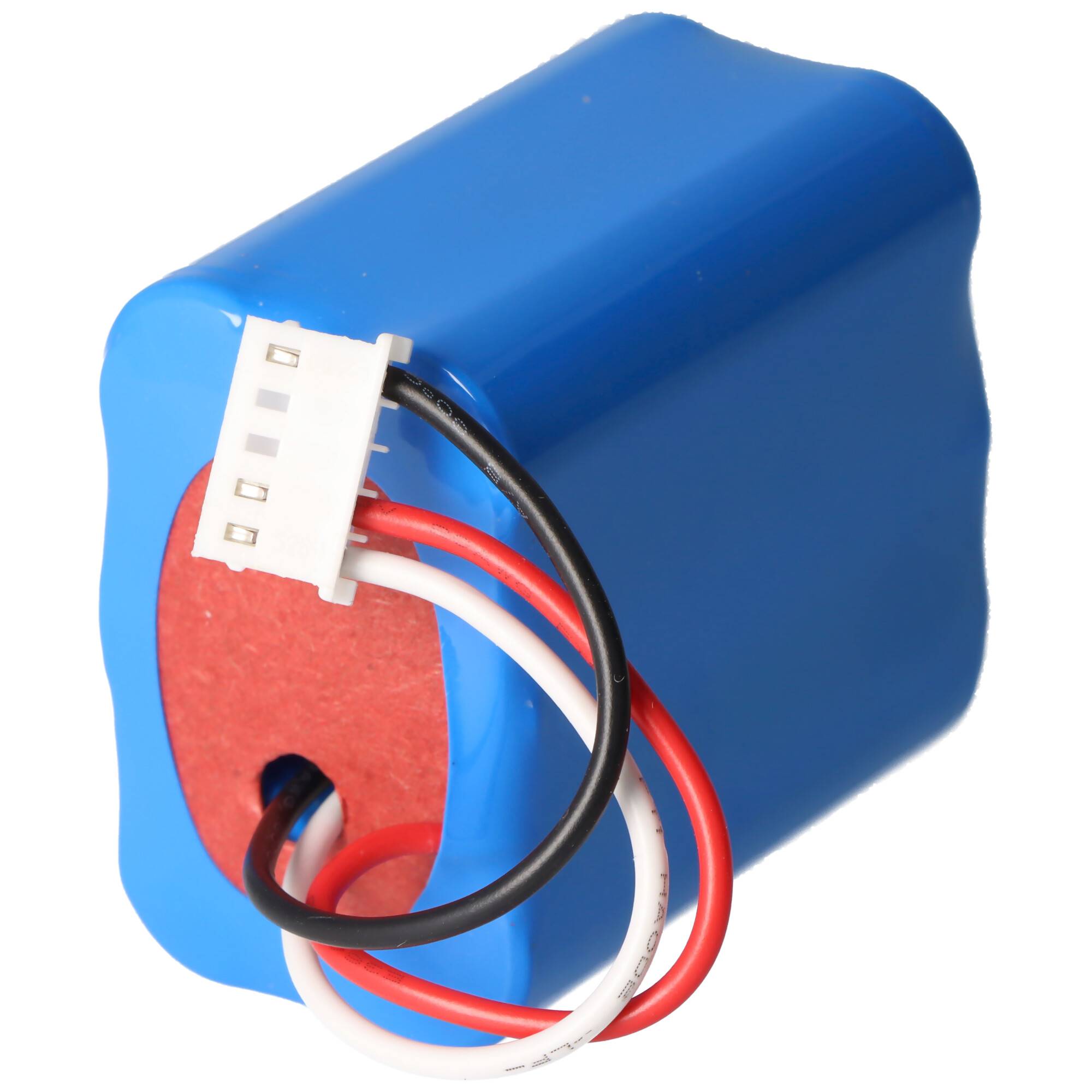 Eine blaue rechteckige wiederaufladbare Batterie mit schwarzen und roten Drähten, die mit einem weißen Stecker verbunden sind.