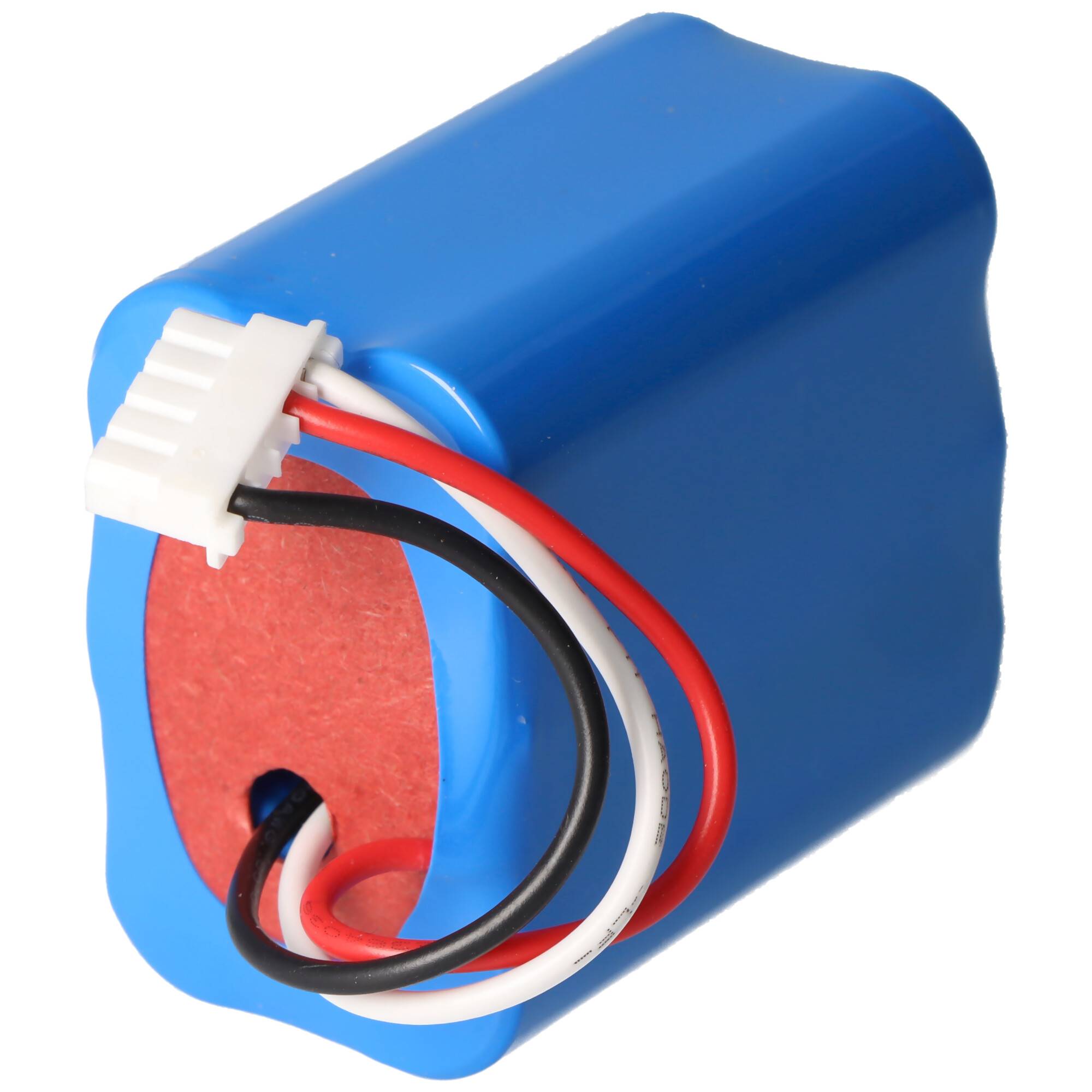 Ein blaues, zylindrisches Batteriepaket mit roten, schwarzen und weißen Drähten, die aus einem Ende herausragen, verbunden durch einen weißen Kunststoffstecker.