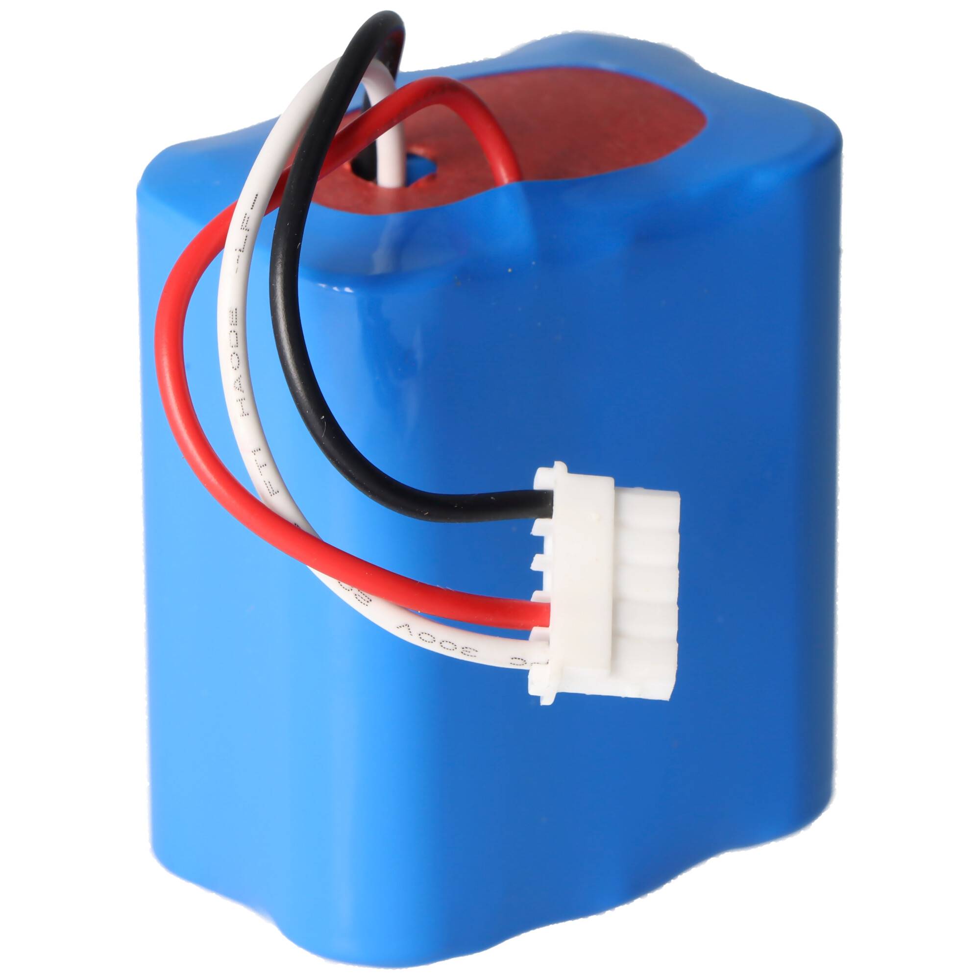 Rotes Batteriepaket mit angebrachten Kabeln und Anschluss, verwendet zum Stromversorgen von elektronischen Geräten.