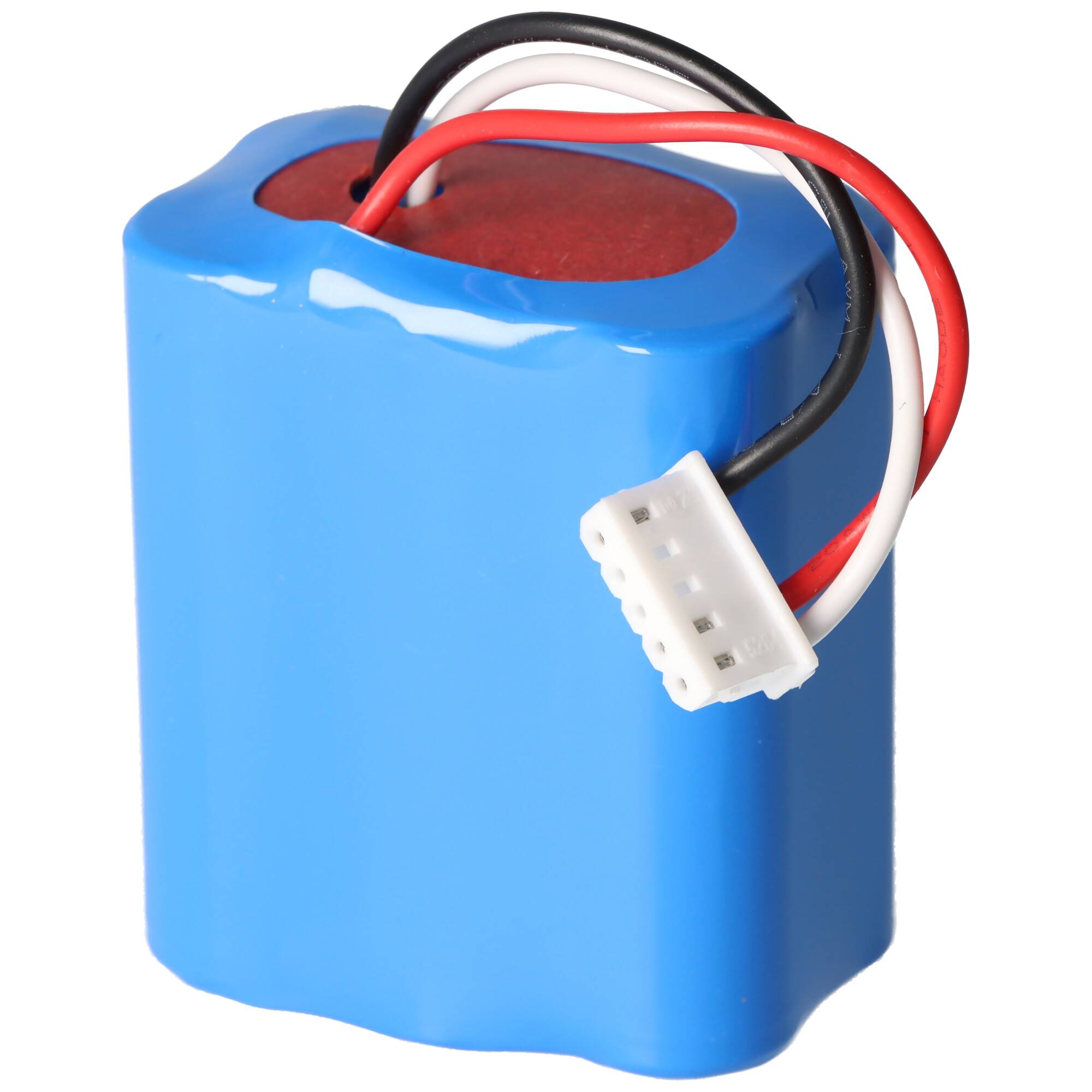 Ein blaues rechteckiges Batteriepack mit roten und schwarzen Kabeln, mit einem weißen Stecker zur Stromversorgung oder zum Laden von Geräten.