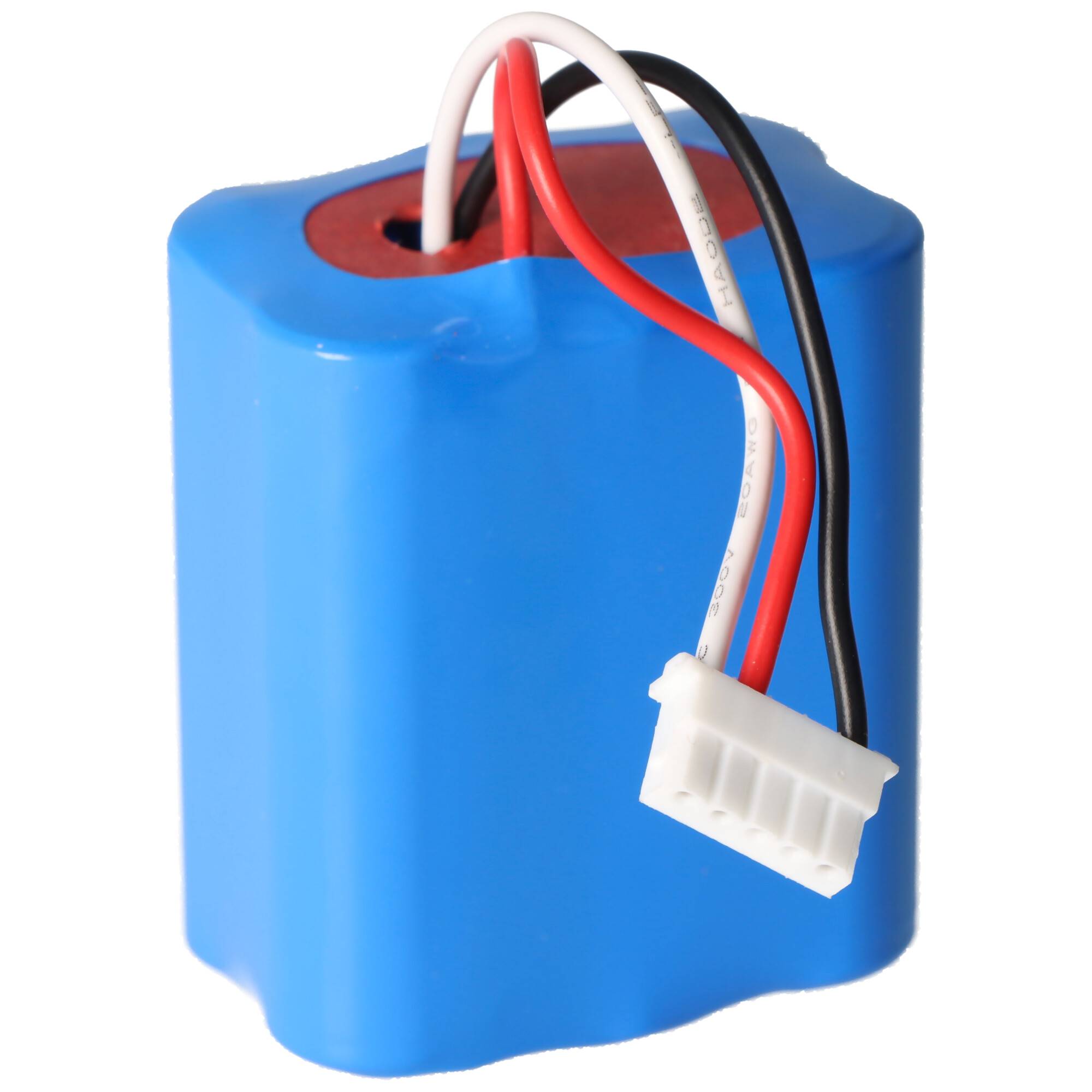 Ein blauer zylindrischer Batteriepack mit roten, weißen und schwarzen Drähten, die mit einem weißen Kunststoffstecker verbunden sind.