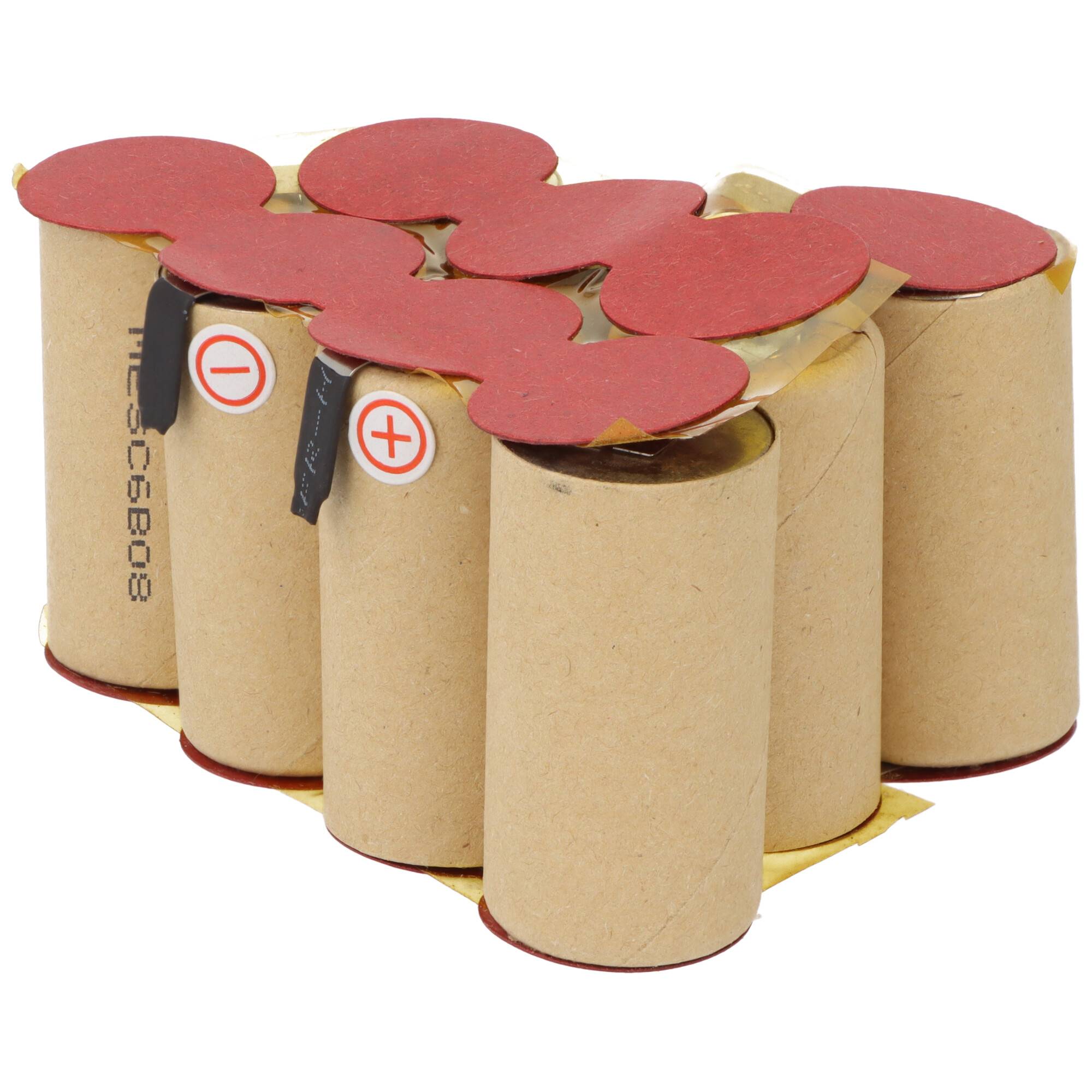 Eine Gruppe von zylindrischen Batterien, die in Packpapier eingewickelt sind, mit roten Oberseiten und gekennzeichneten Pluspol- und Minuspol-Anschlüssen.