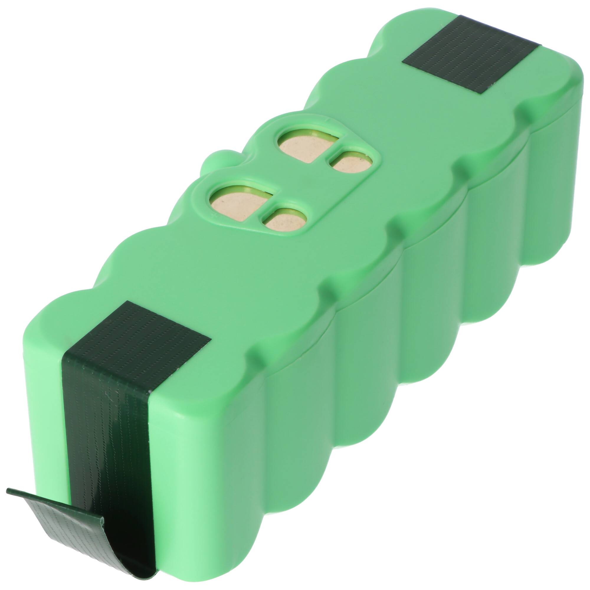 Ein grünes Batteriepack mit zwei goldenen Anschlüssen oben und schwarzem Klebeband um seine Seiten.