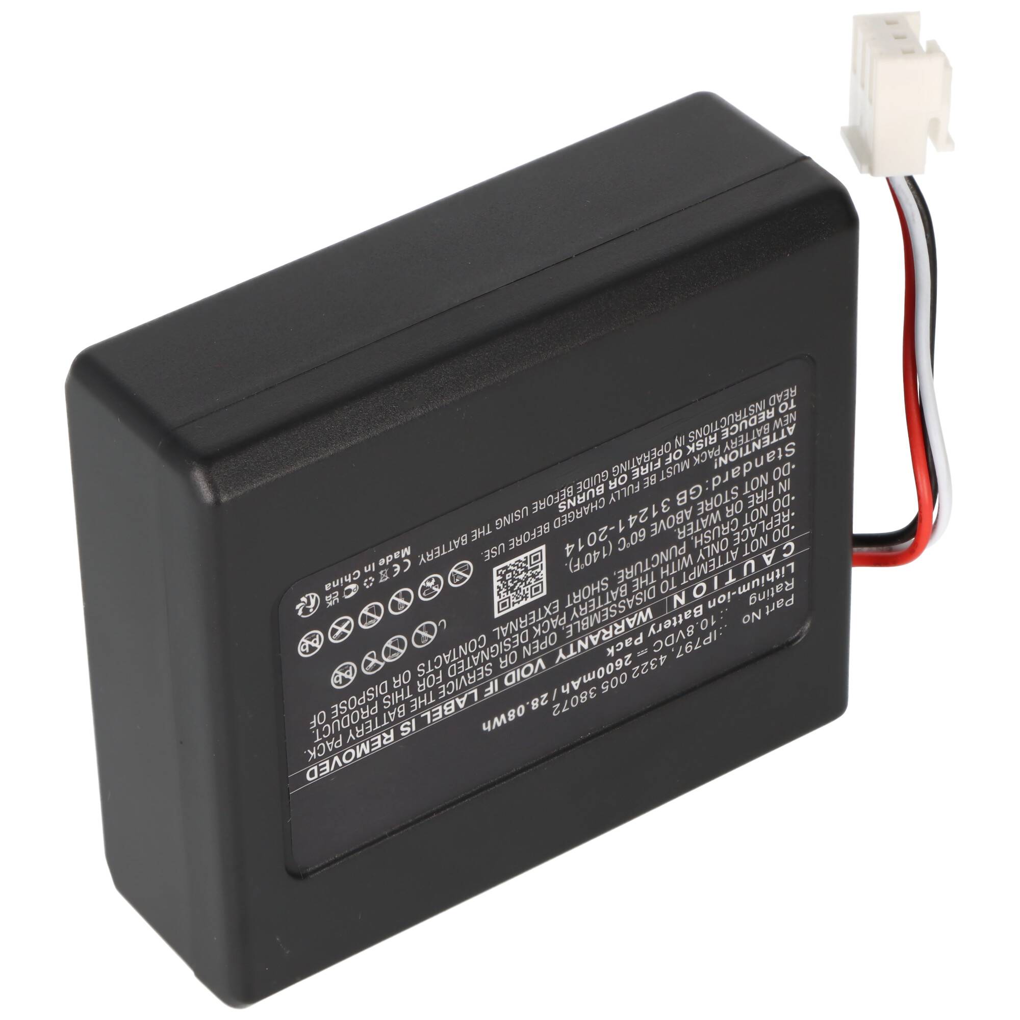 Eine schwarze rechteckige Batterie mit einem Etikett, auf dem Spezifikationen angezeigt werden, einschließlich Spannungs- und Stromstärkewerte. Ein weißer Stecker ist angebracht.