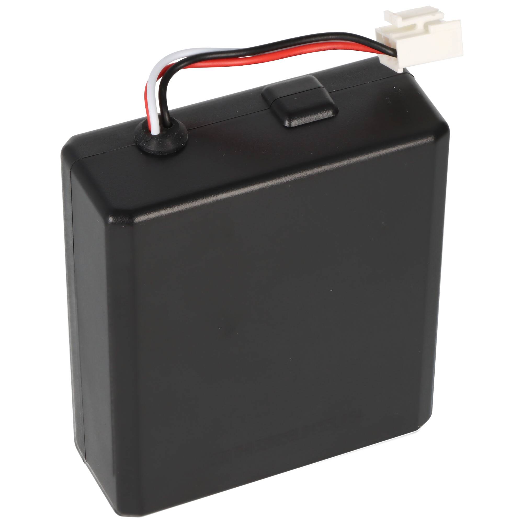 Ein rechteckiger schwarzer Batteriepack mit roten, weißen und schwarzen Drähten, die in einem weißen Stecker enden.