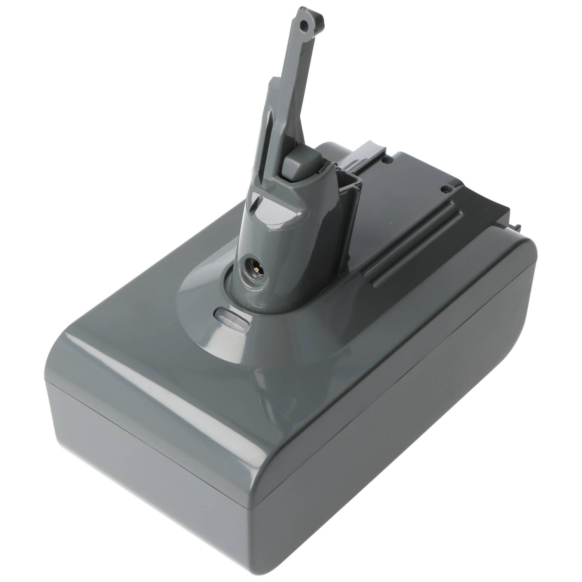 Ein graues wiederaufladbares Batteriepack mit Stecker, entwickelt für die Verwendung mit schnurlosen Reinigungsgeräten, sitzt auf weißem Hintergrund.