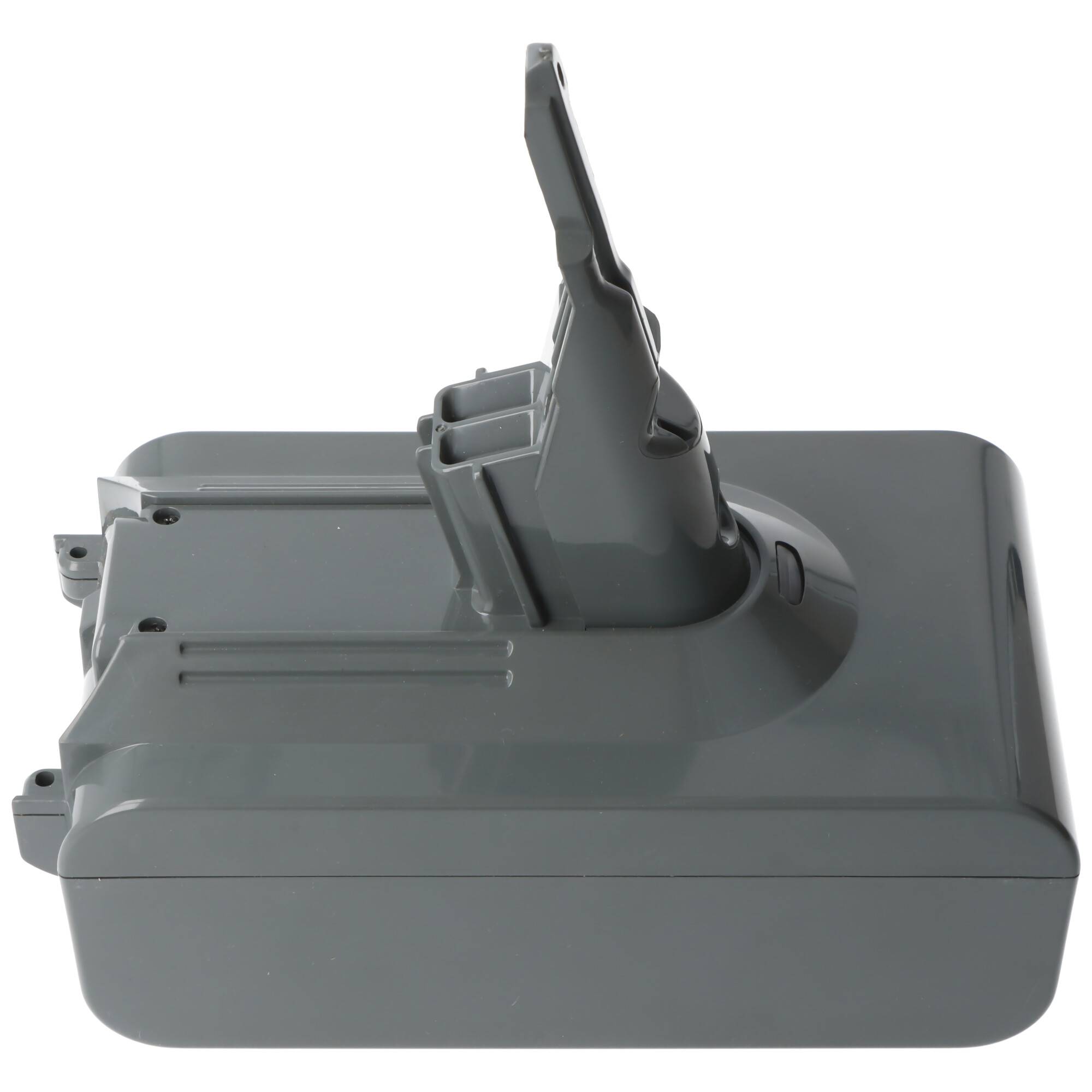 Ein graues Ersatzakkupack für einen tragbaren Staubsauger mit einem hervorstehenden Stecker oben.