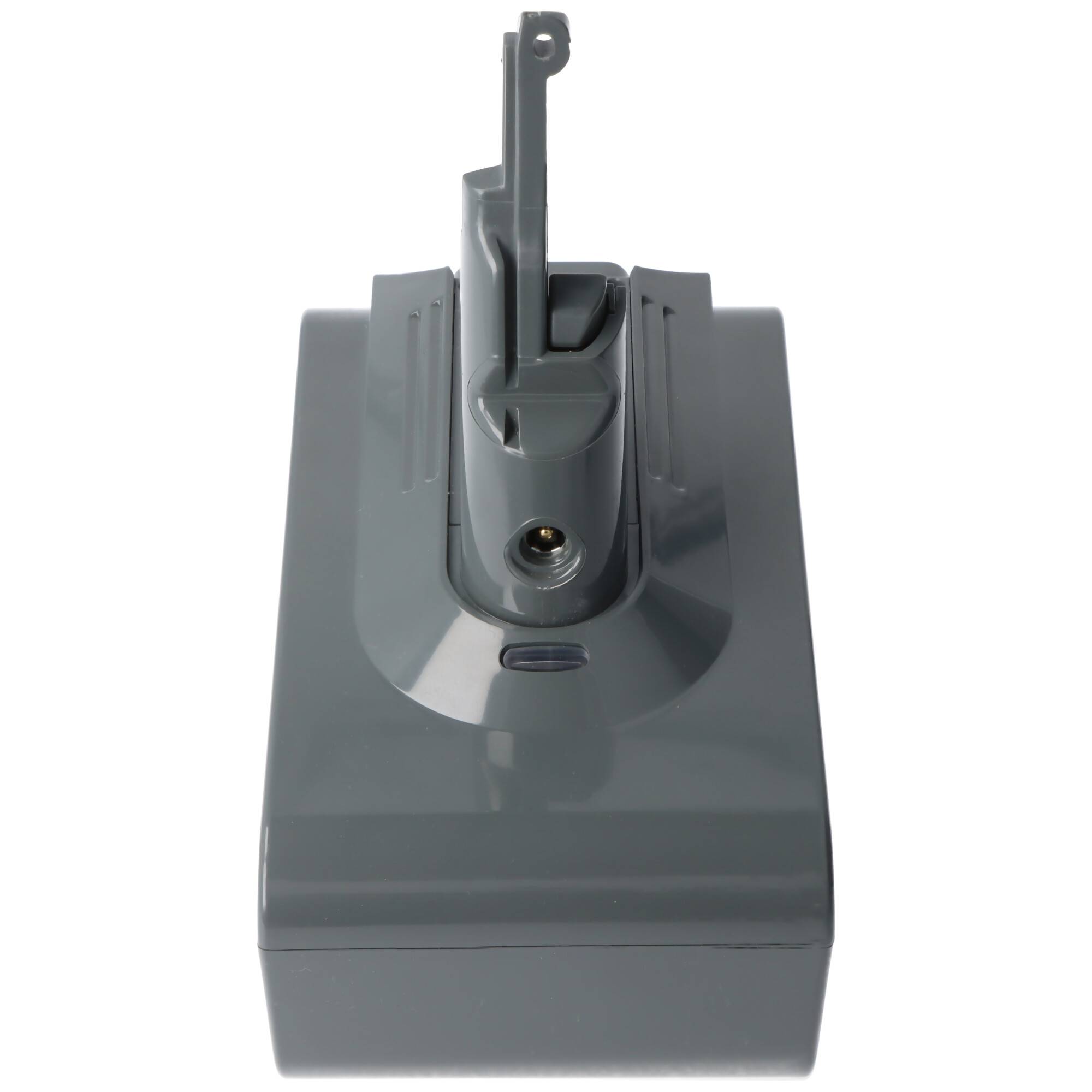 Eine graue Staubsaugerbatterie mit oberem Griff und Anschlussport, von oben betrachtet.