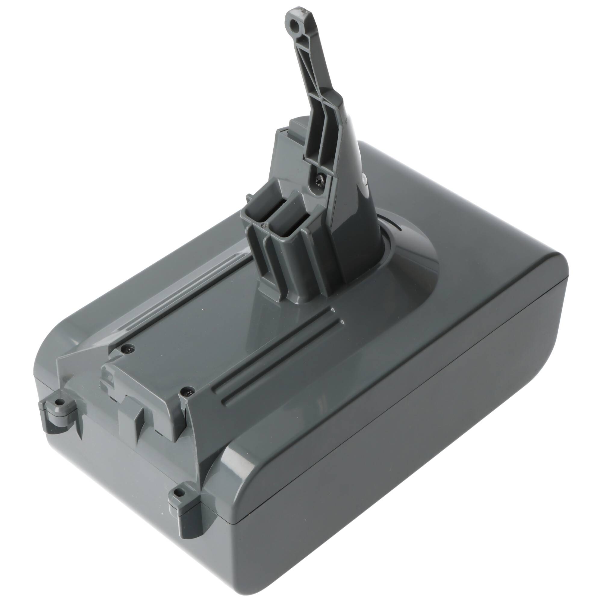 Ein graues Staubsaugerbatteriepack mit rechteckiger Form und einem vorstehenden Griff zur einfachen Installation.