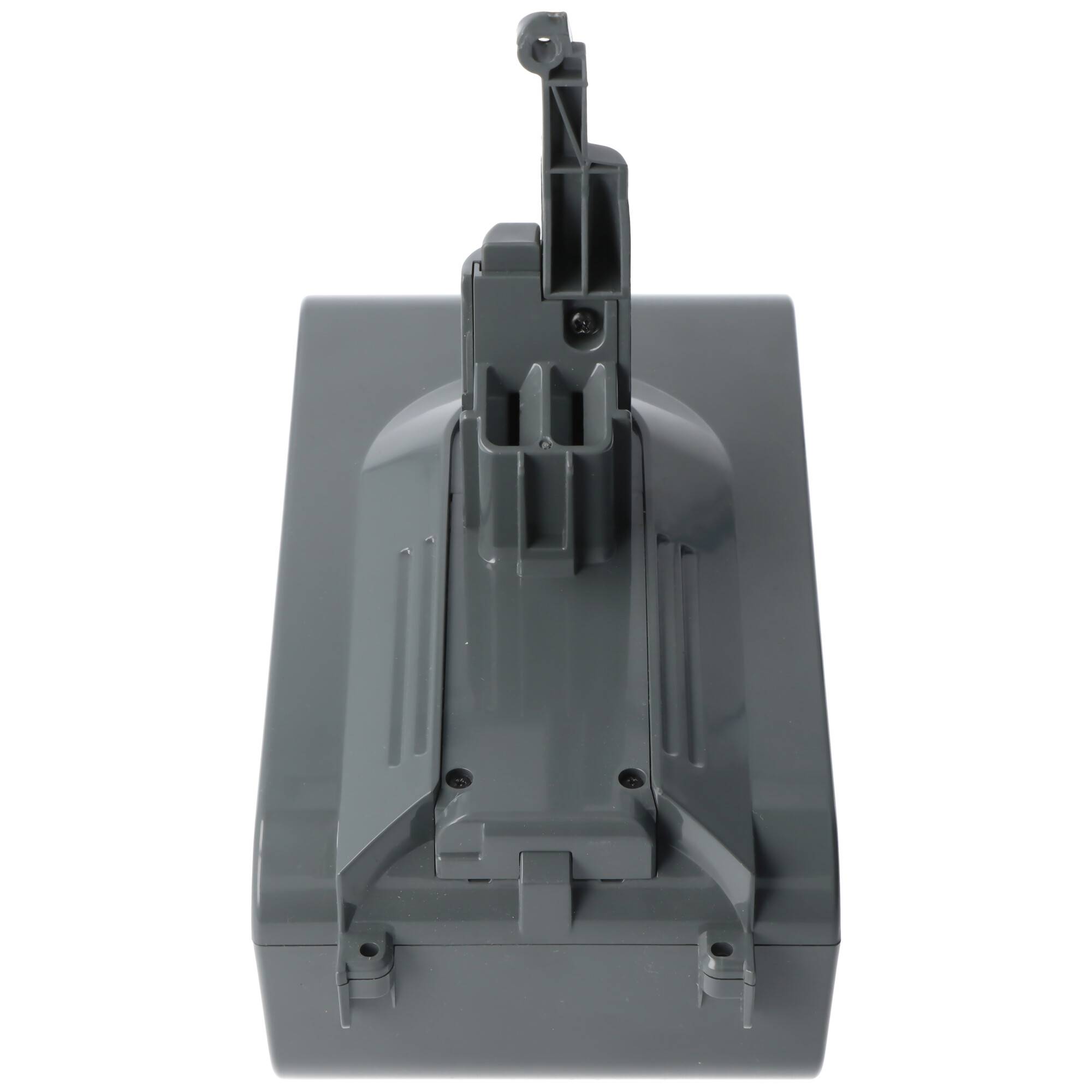 Ein graues Kunststoff-Staubsauger-Zubehörteil mit Clip und Montageklammer, von oben betrachtet.