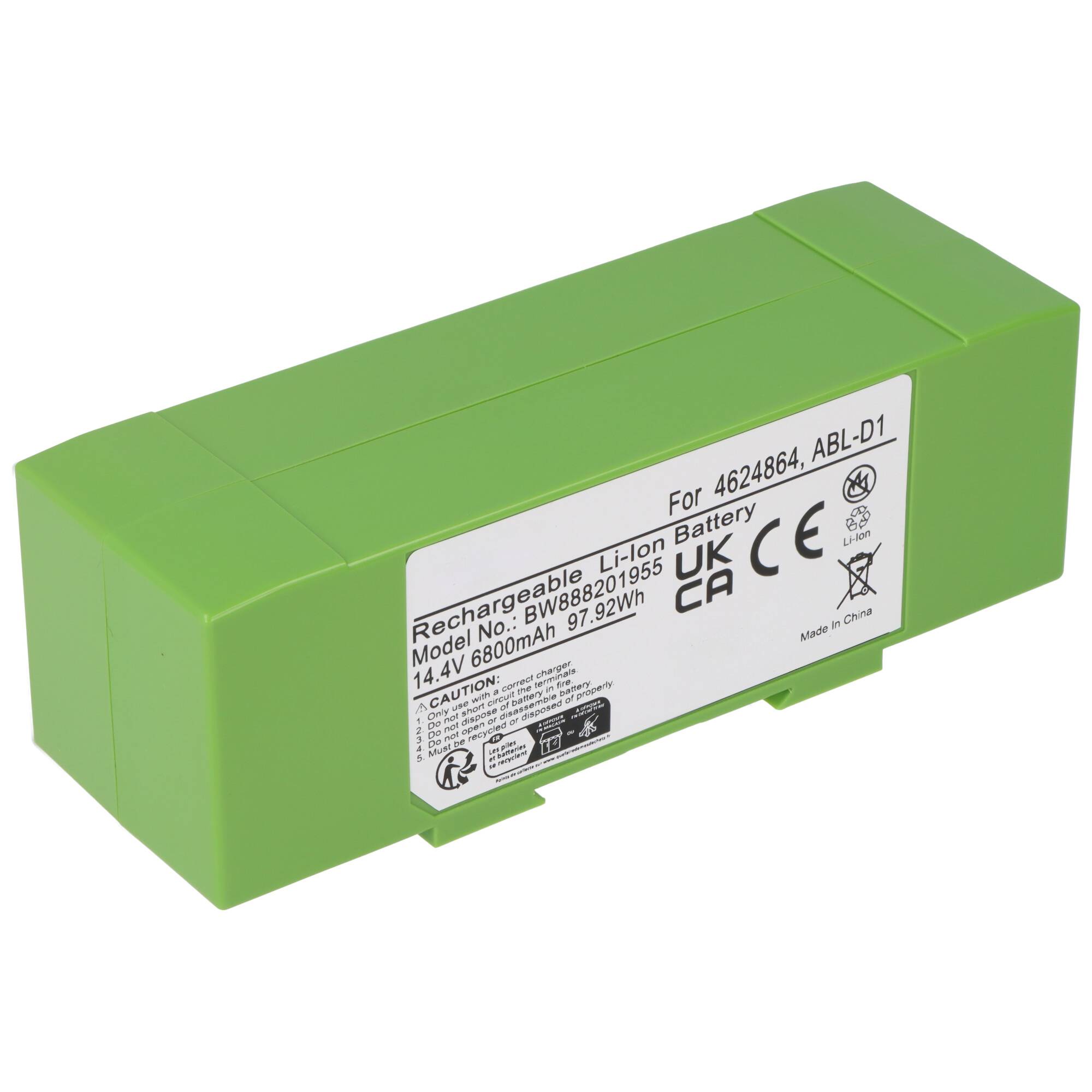 Grüner wiederaufladbarer Li-Ionen-Akku mit einem Etikett, das Spezifikationen anzeigt: Modell DW68821905B, 14,4V, 6800mAh, 97,92Wh.