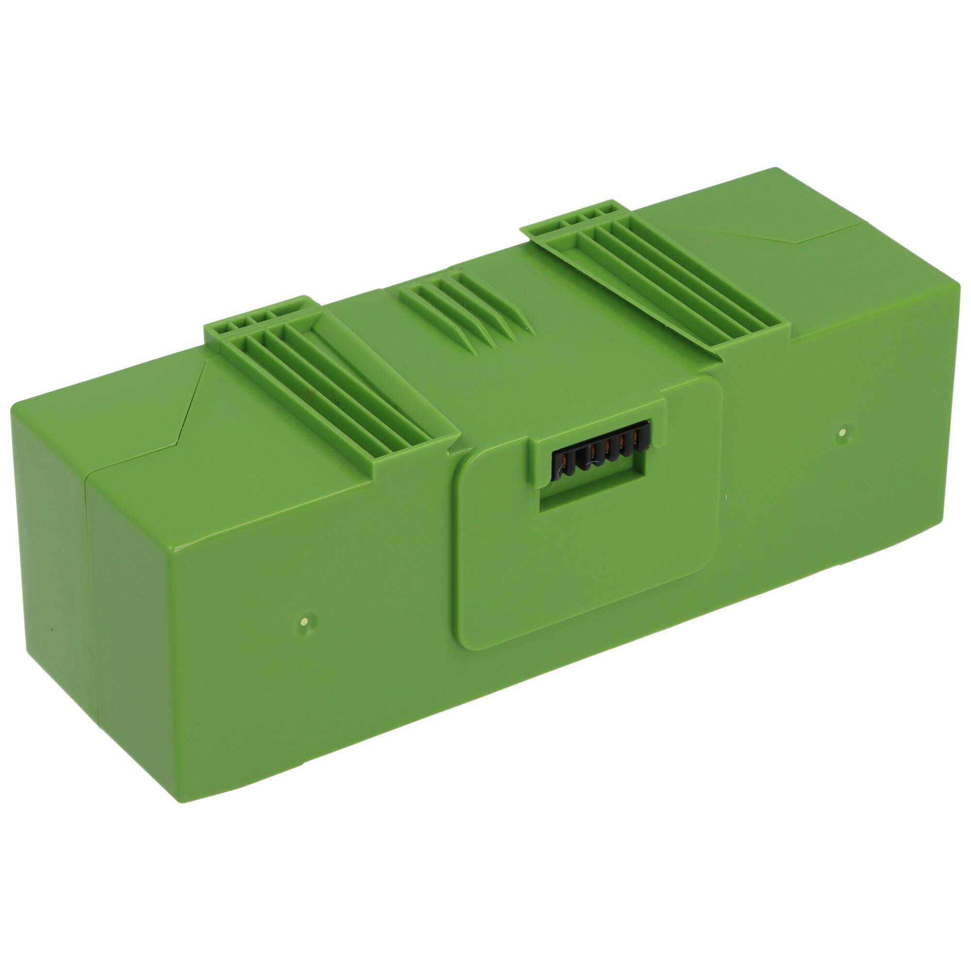 Grünes rechteckiges elektronisches Batteriepack mit gerippten Seiten und einem zentralen Anschluss.