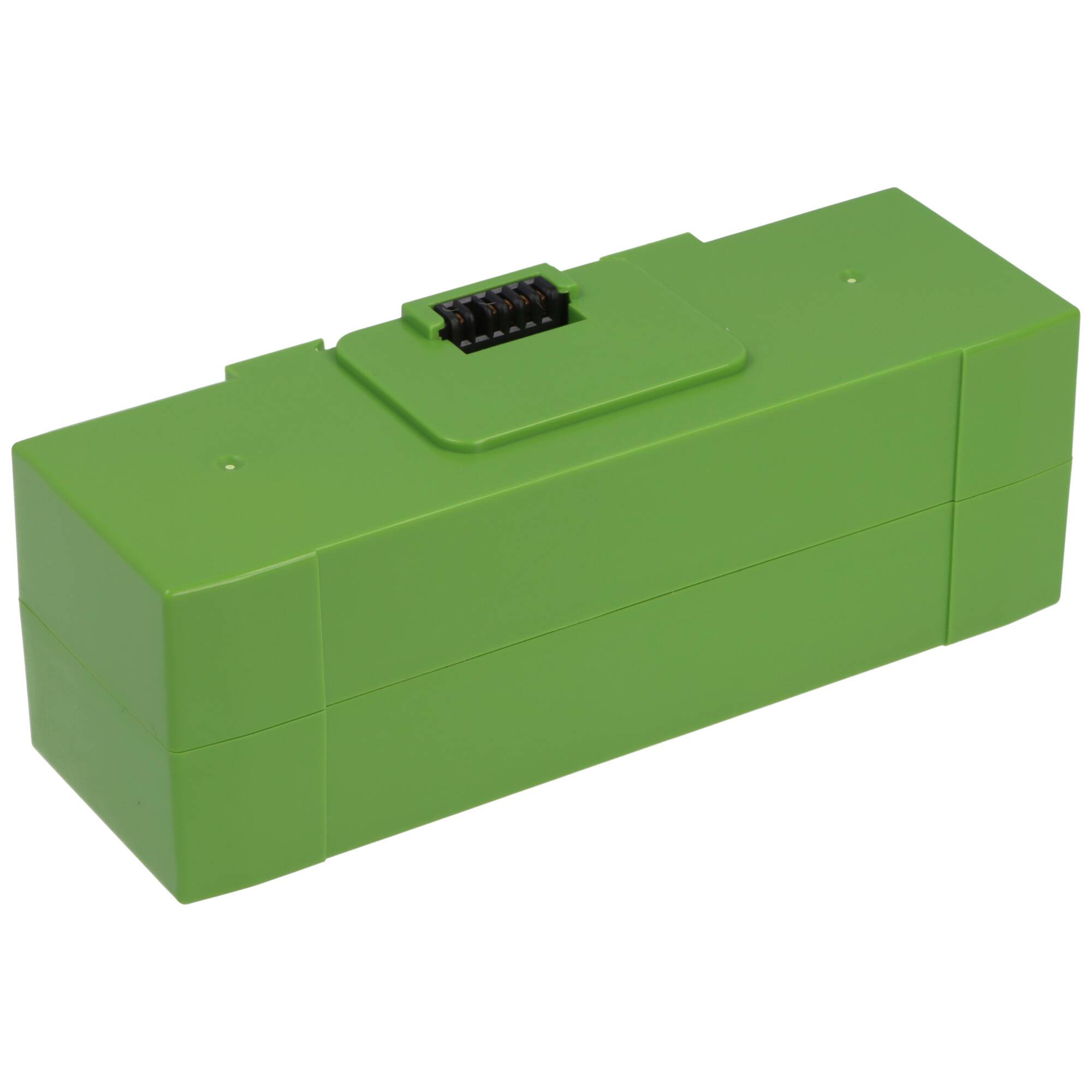 Ein grünes rechteckiges Batteriepaket mit schwarzem Anschluss auf der Oberseite.