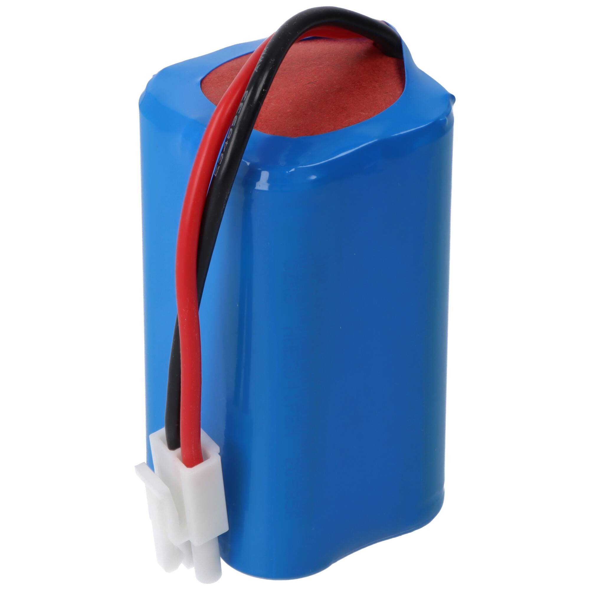 Ein blauer, zylindrischer Batteriepack mit roten und schwarzen Drähten, die mit einem weißen Stecker verbunden sind.