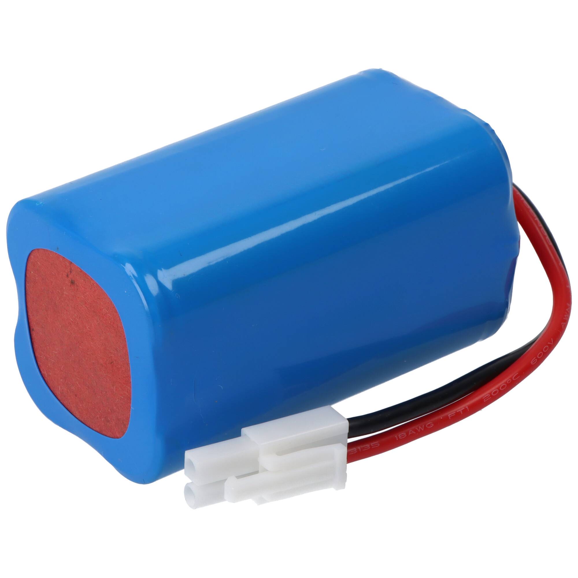 Eine blaue zylindrische Batterie mit roten Enden und schwarzen und roten Drähten, die in einem weißen Stecker enden.