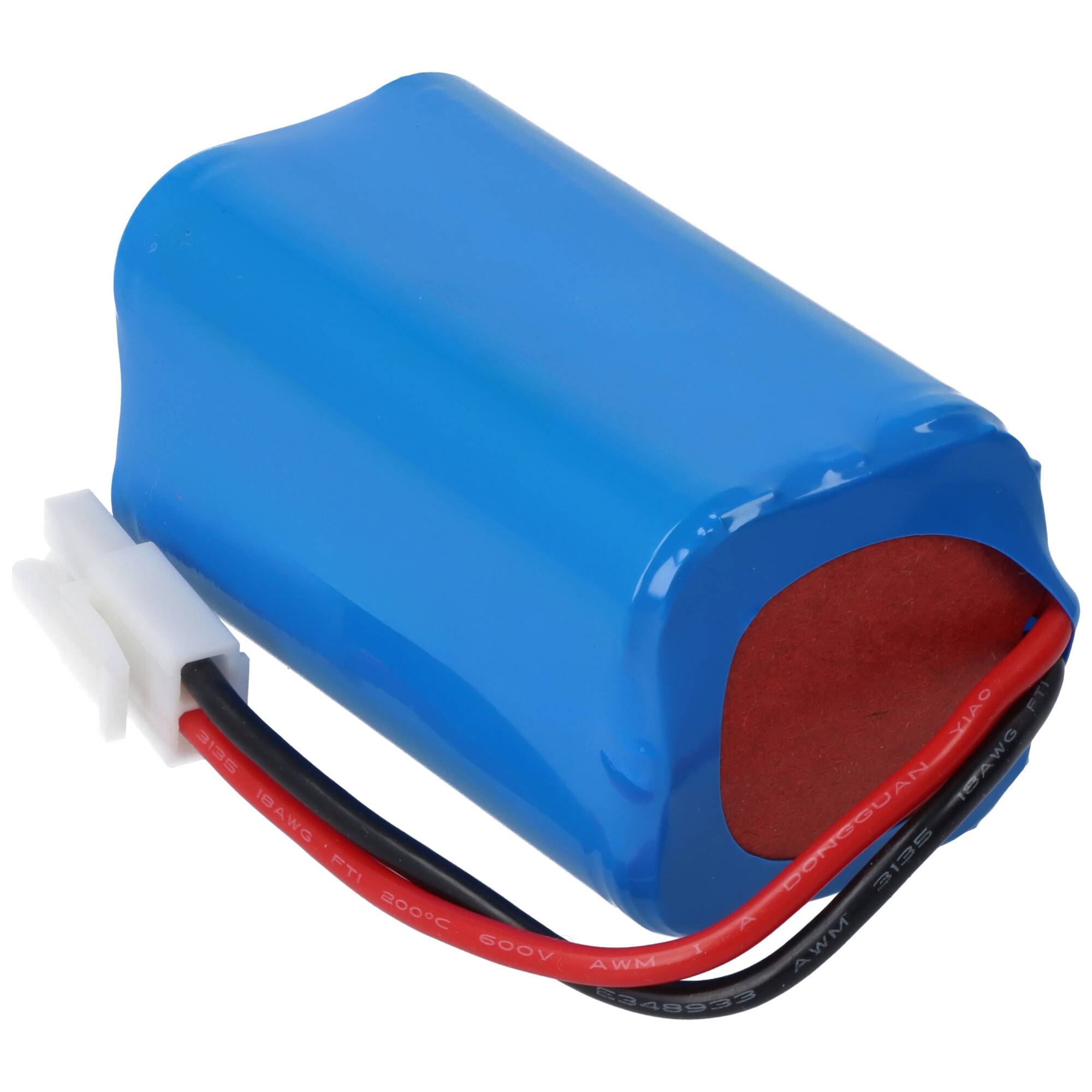 Ein blauer Lithium-Ionen-Akku mit roten und schwarzen Kabeln, die an einen weißen Kunststoffstecker angeschlossen sind.