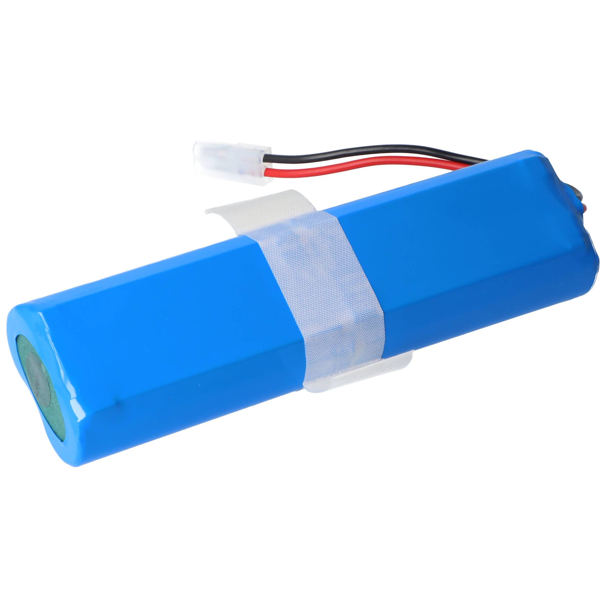 Ein blauer zylindrischer Akku mit weißem Stecker und roten sowie schwarzen Kabeln, der für Geräte verwendet wird, die wiederaufladbare Batterien benötigen.