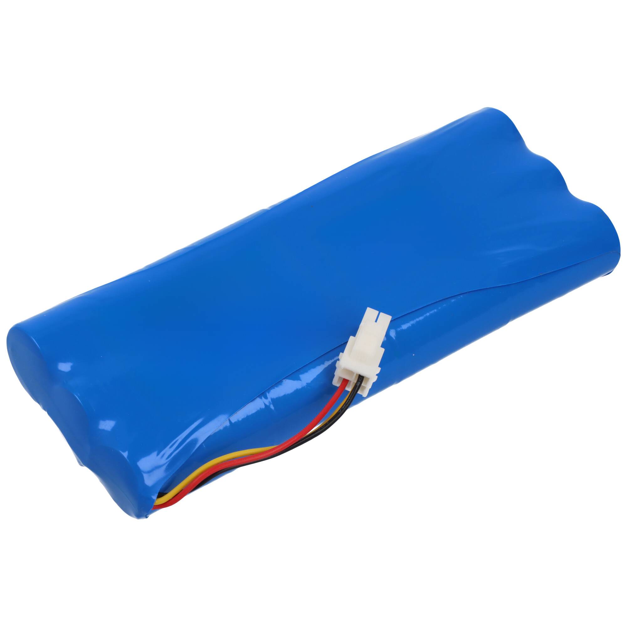 Ein blaues Lithium-Ionen-Batteriepack mit drei angebrachten Drähten, das an der Spitze einen weißen Stecker aufweist.