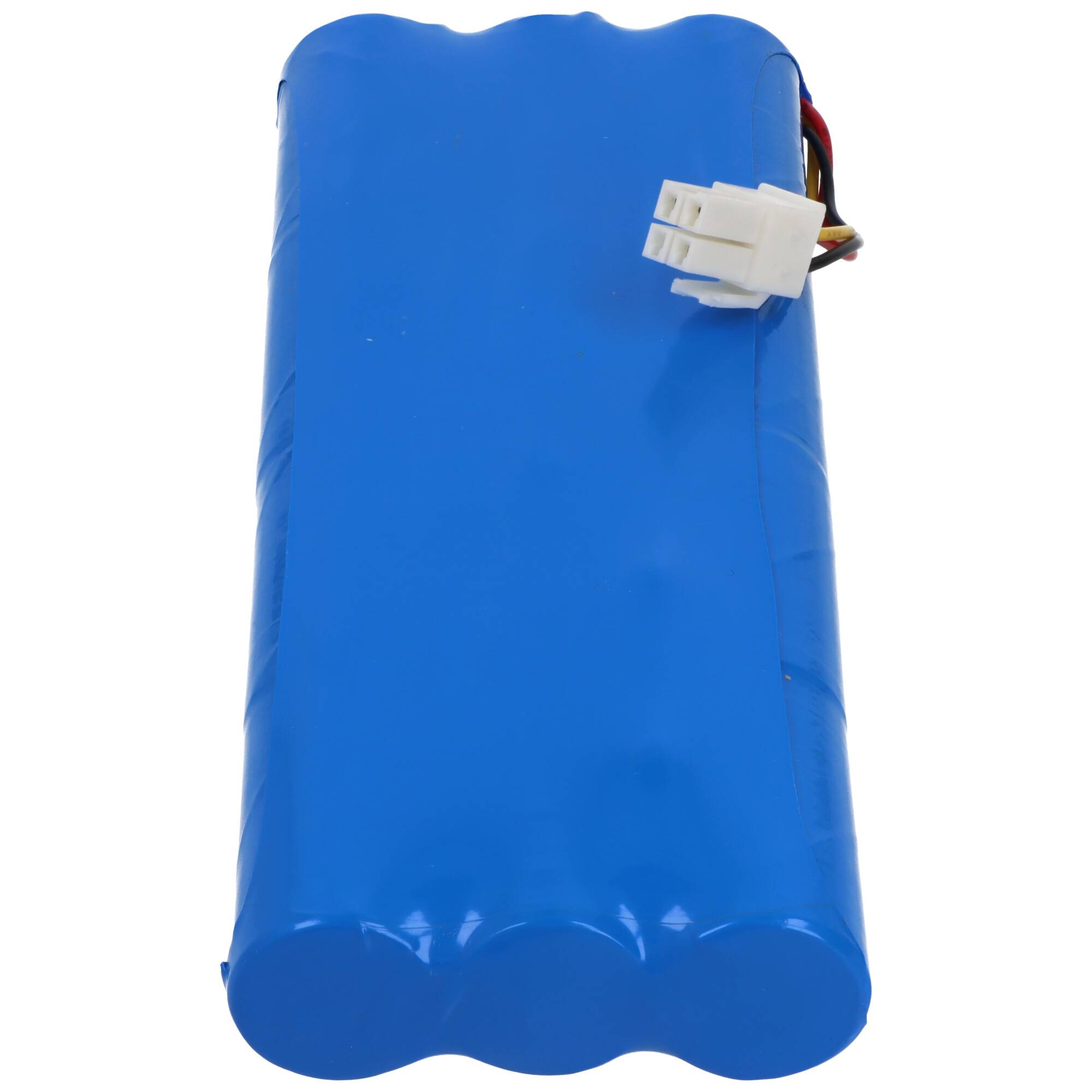 Ein blauer wiederaufladbarer Akku mit weißem Anschluss, wahrscheinlich zur Stromversorgung von elektronischen Geräten oder Ausrüstungen verwendet.