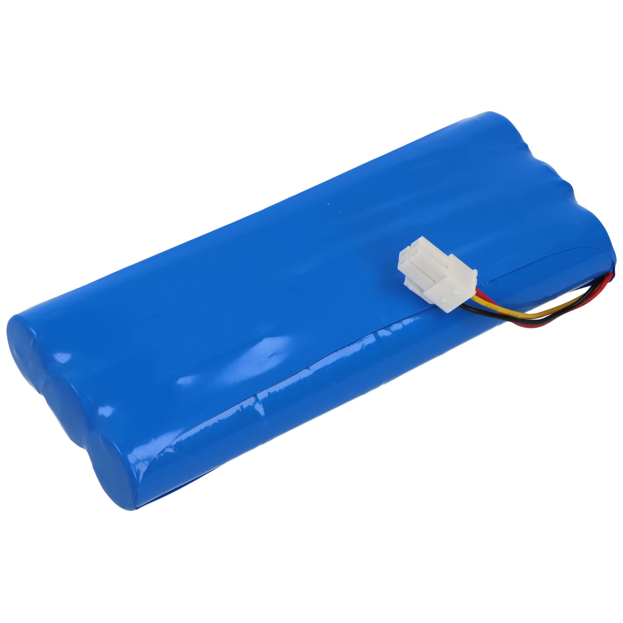 Ein rechteckiger blauer Lithium-Ionen-Akkupack mit einem weißen Stecker und vier Drähten, die von einem Ende ausgehen.