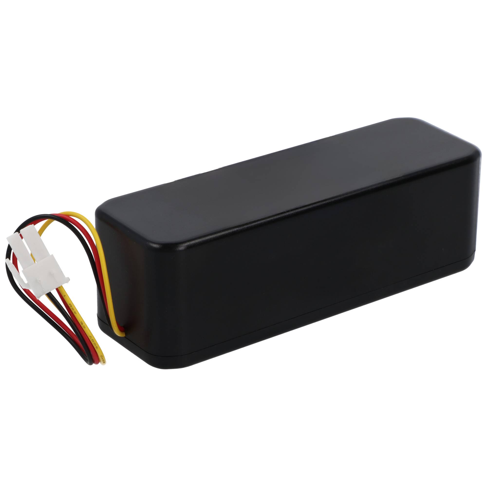 Ein schwarzes rechteckiges Batteriepack mit angebrachten roten, gelben und schwarzen Drähten, die in einem weißen Stecker enden.