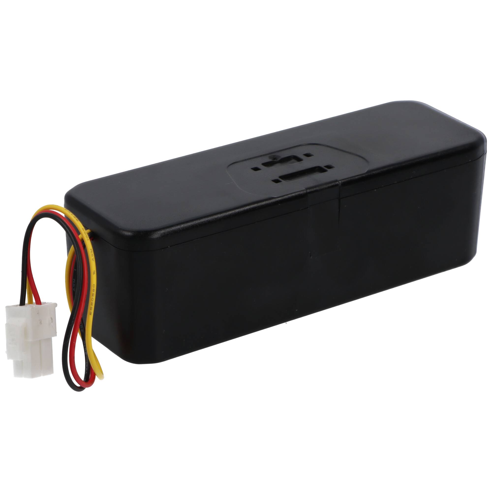 Ein rechteckiges schwarzes Batteriepack mit roten, schwarzen und gelben Drähten, die von einer Seite ausgehen und in einem weißen Stecker enden.