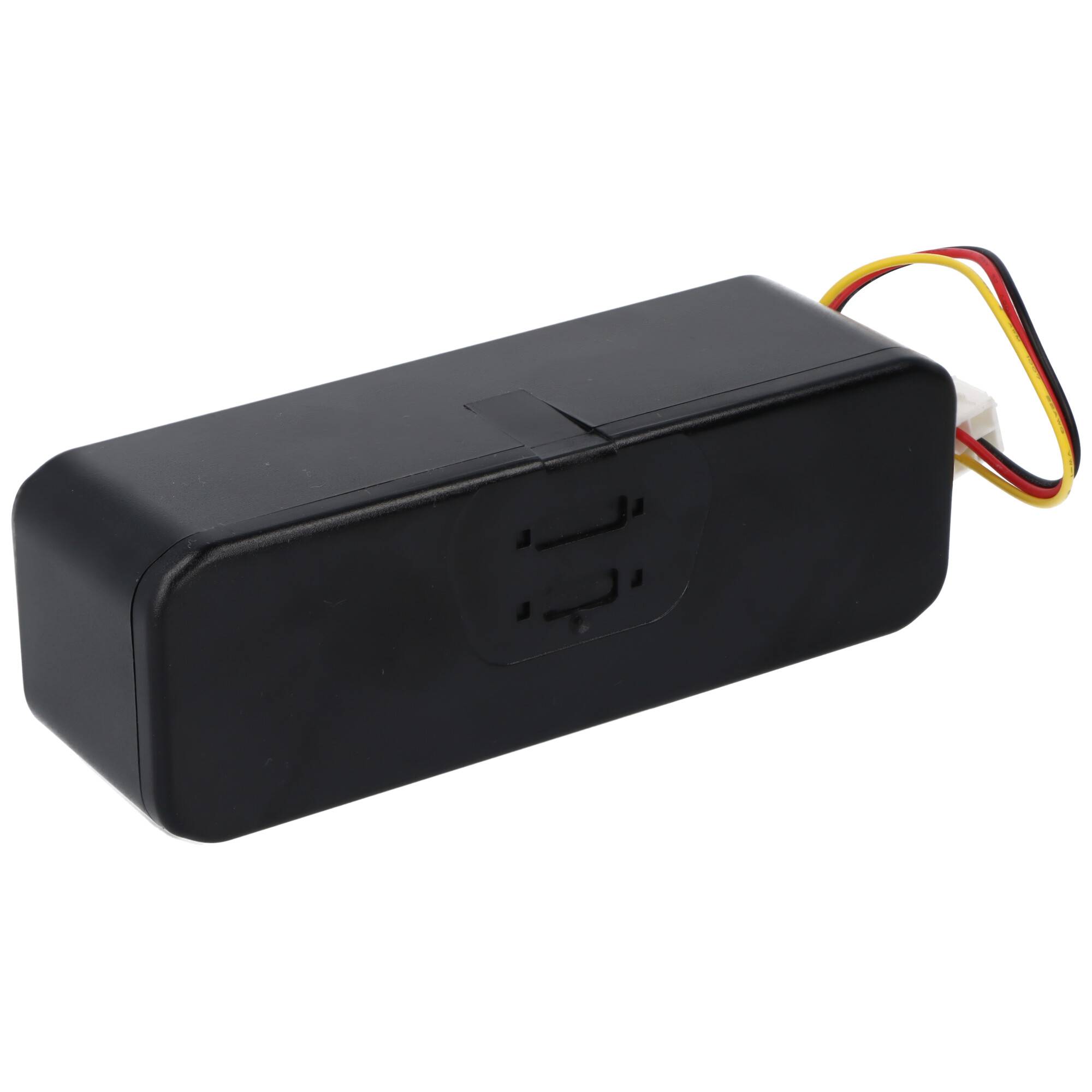 Ein schwarzes rechteckiges Batteriepack mit Kabeln, die von der rechten Seite ausgehen.