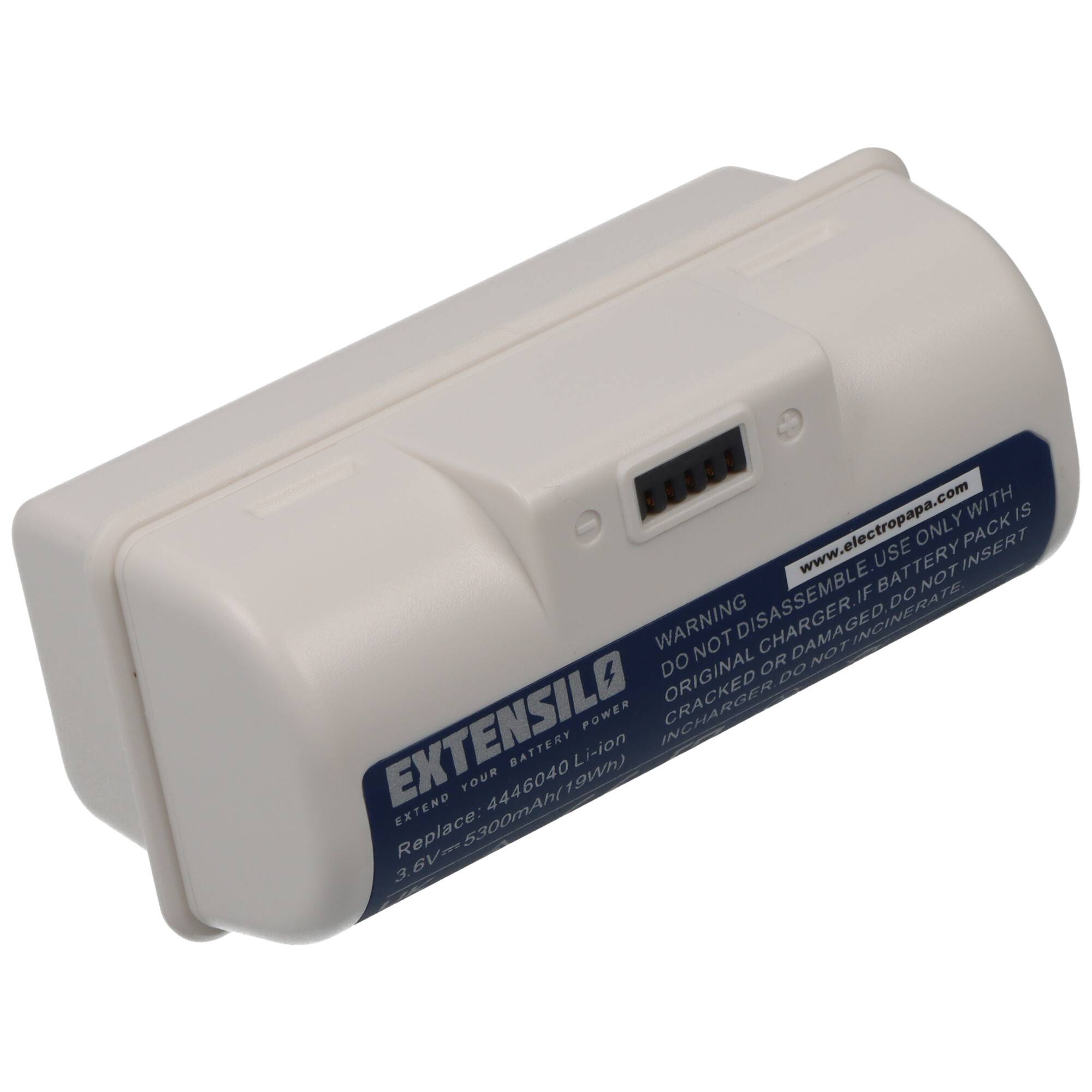 Eine weiß-blaue Lithium-Ionen-Batterie mit der Bezeichnung 