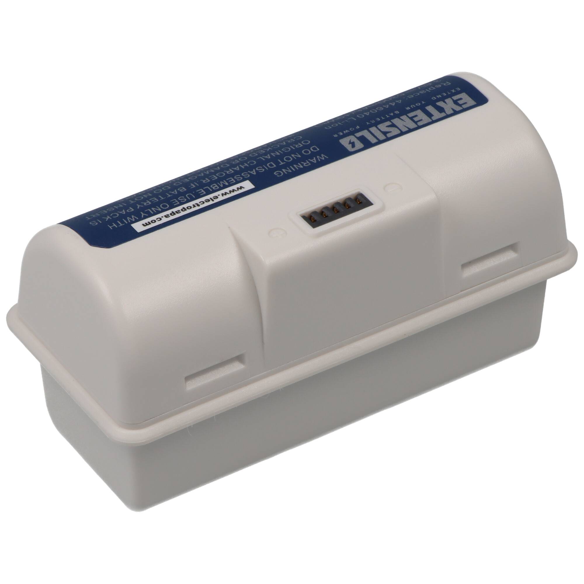 Batterie-Pack der Marke 'Entesla' mit weißem Gehäuse und blauem Etikett, mit Anschlussanschlüssen auf der Oberseite.