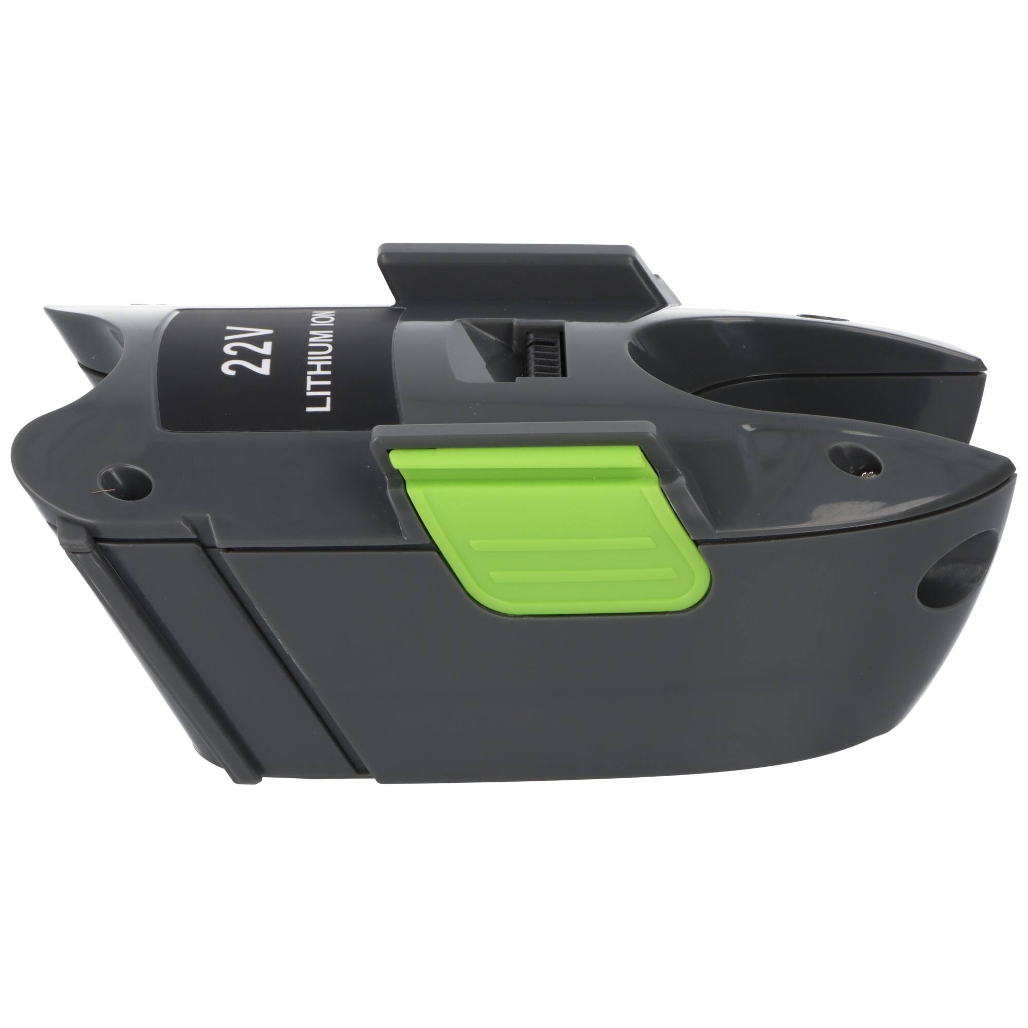 Ein grau-grünes 22V-Lithium-Akkupack mit kompaktem Design, mit einem Steckverbinder zum Einschieben und einem sichtbaren Verriegelungsmechanismus.